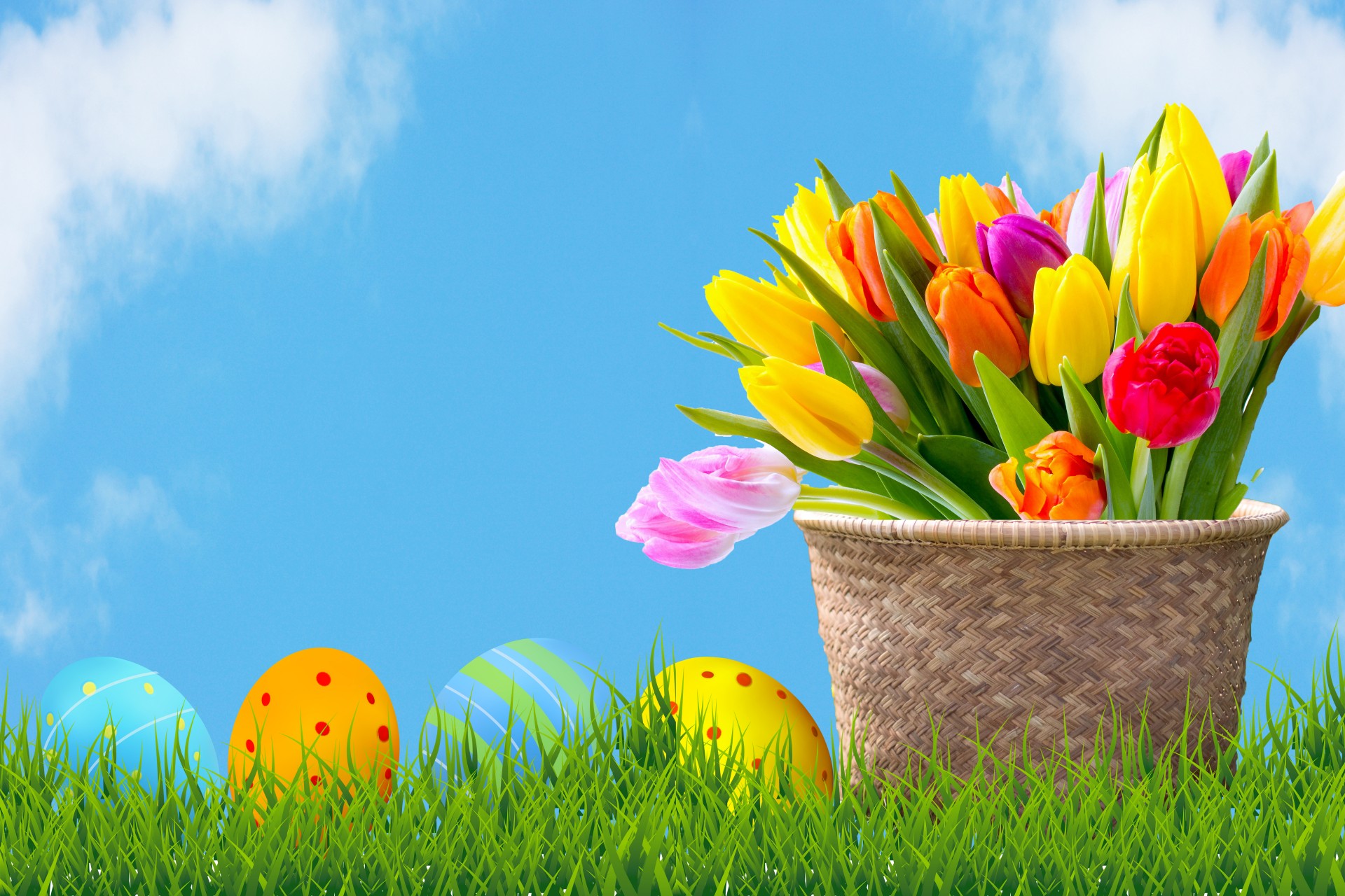 Easter Eggs & Tulips With Blue Sky Free Stock Photo Public Domain