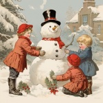 Vintage Children Building A Snowman