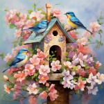 Spring Flower Birdhouse Bird Art
