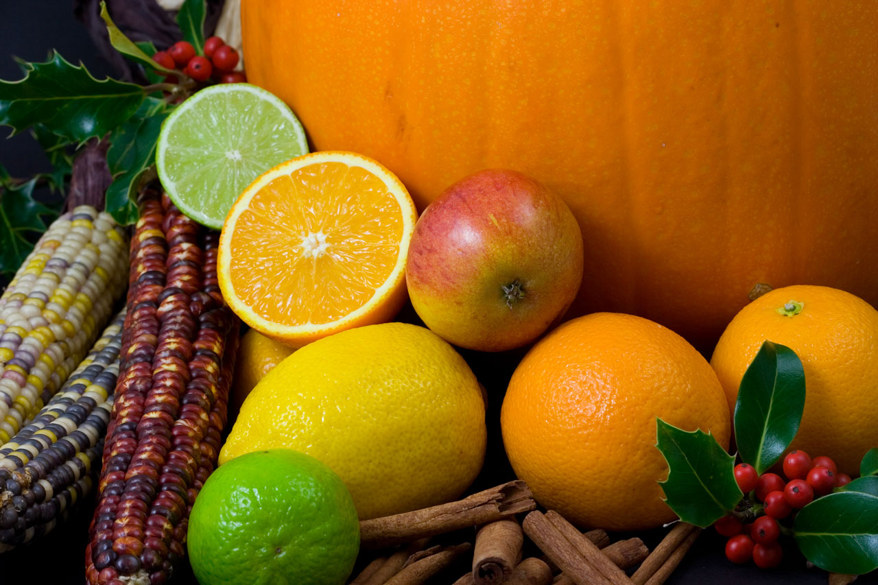 Various fruit (oranges, limes, corn, pumpkin, apple)