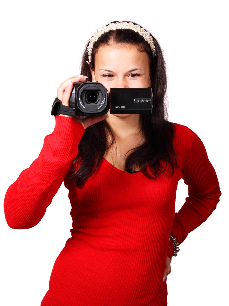 young woman with video camera isolated on white background