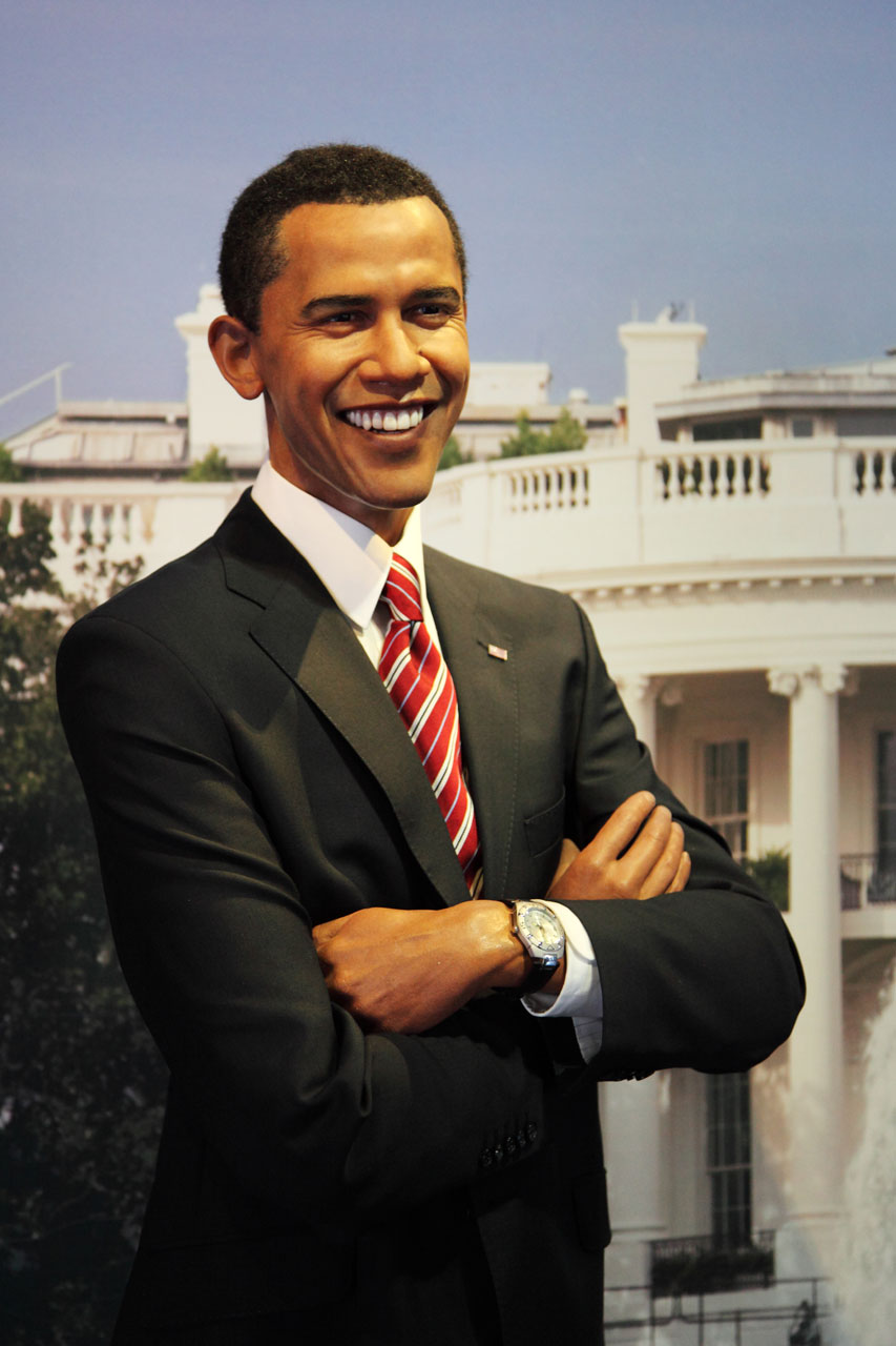 Barack Obama wax figure with the White House in background