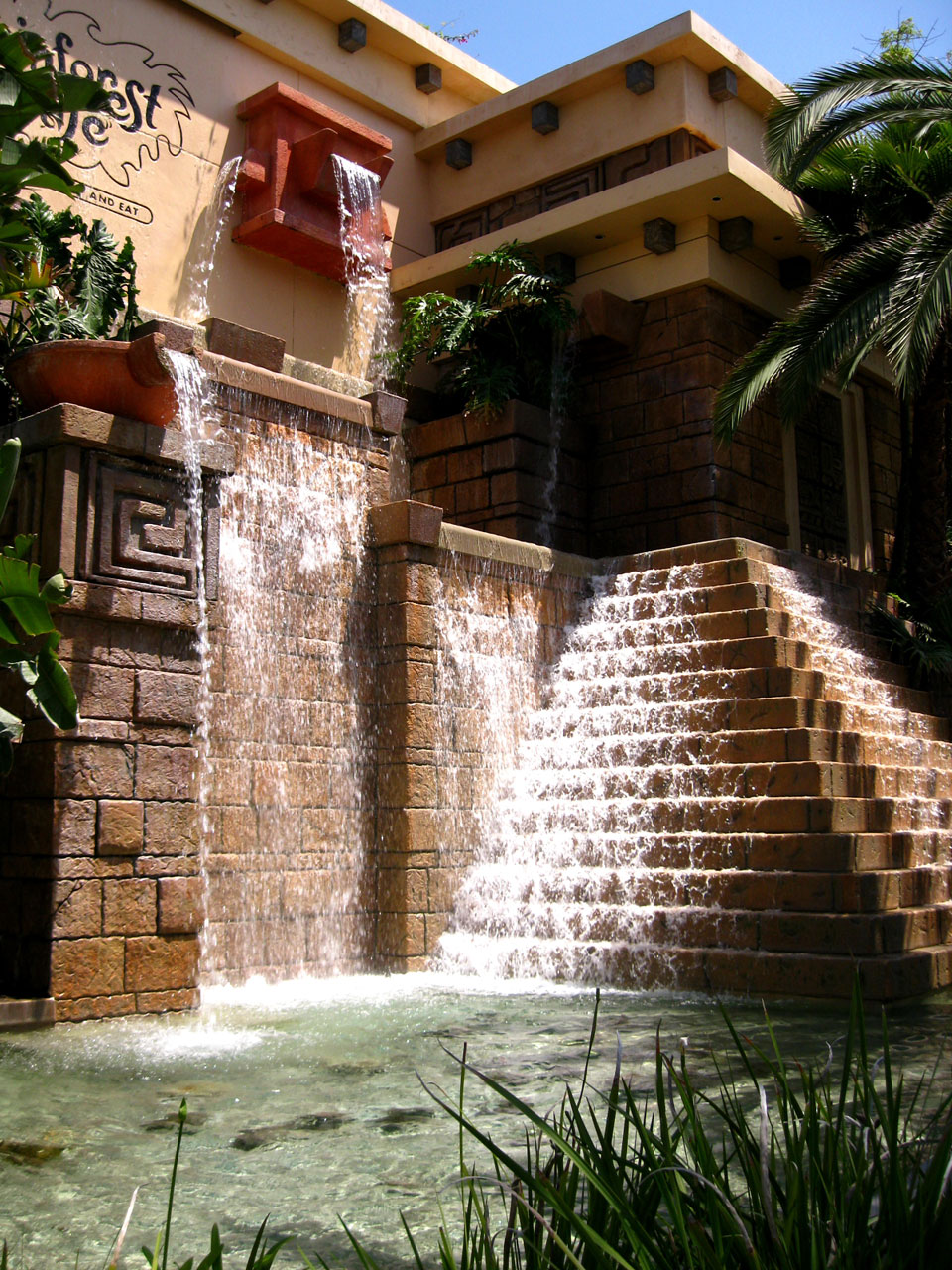 Like a Mayan temple with fountains and waterfalls - Rainforest Cafe in Downtown Disney, Anaheim, CA