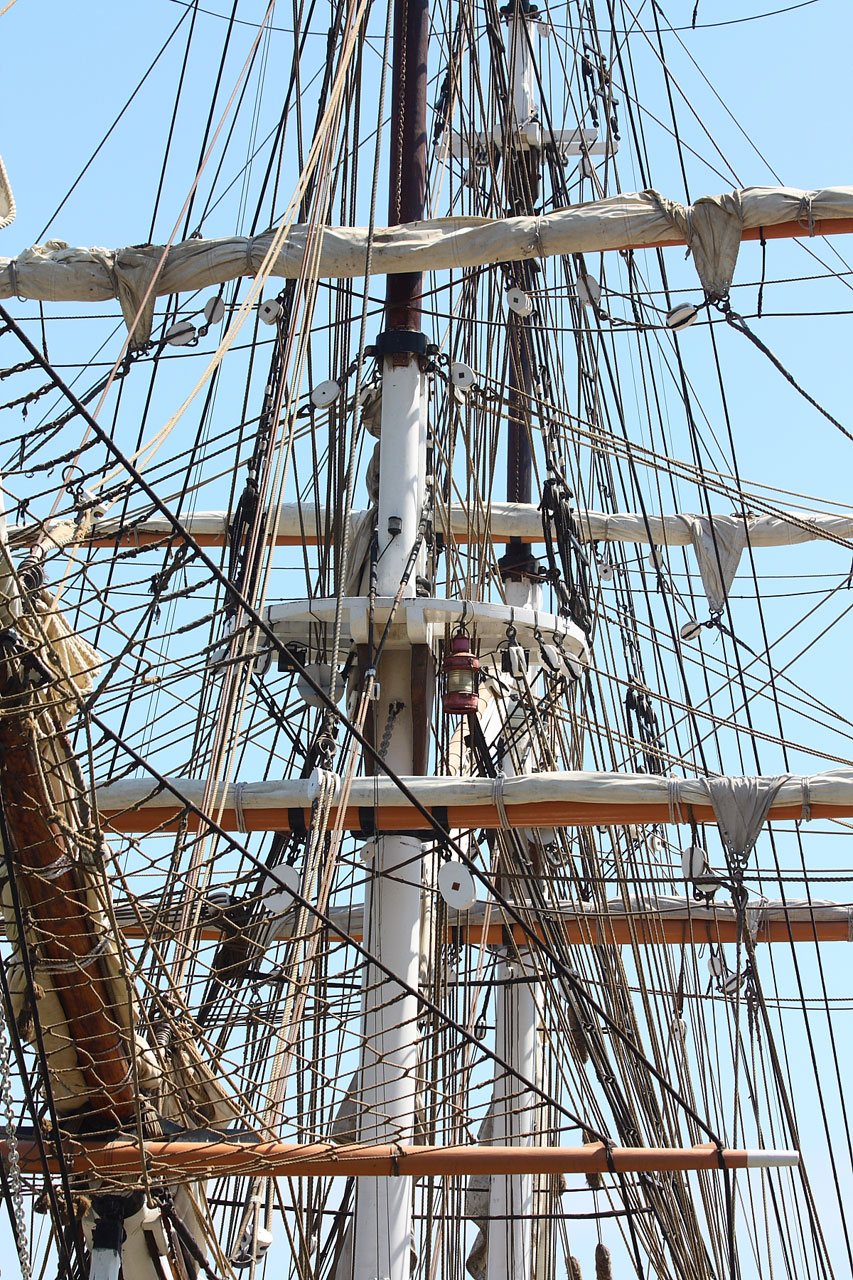 Sails, rigging and mast of a tall ships docked at Dana Point, CA.
