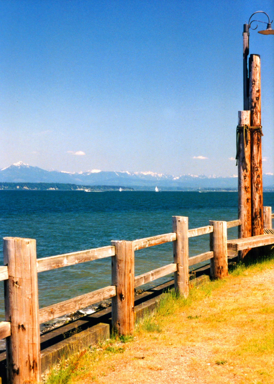 Snow Capped mountains in Washington beyond the water