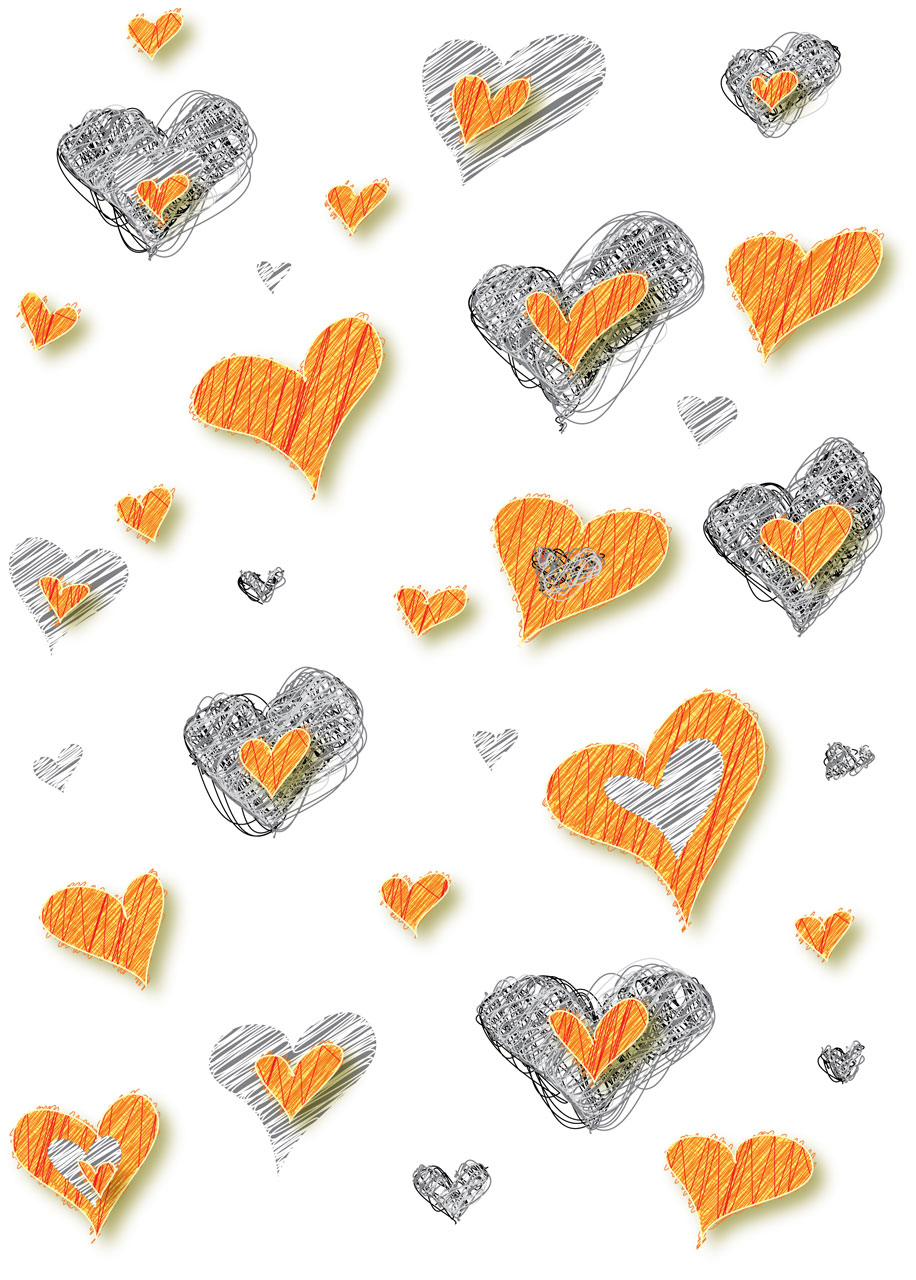 Orange and grey hearts on white background