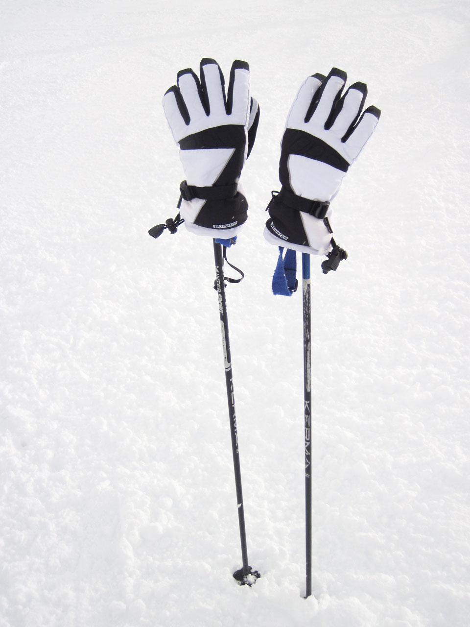 ski poles in snow with gloves on them