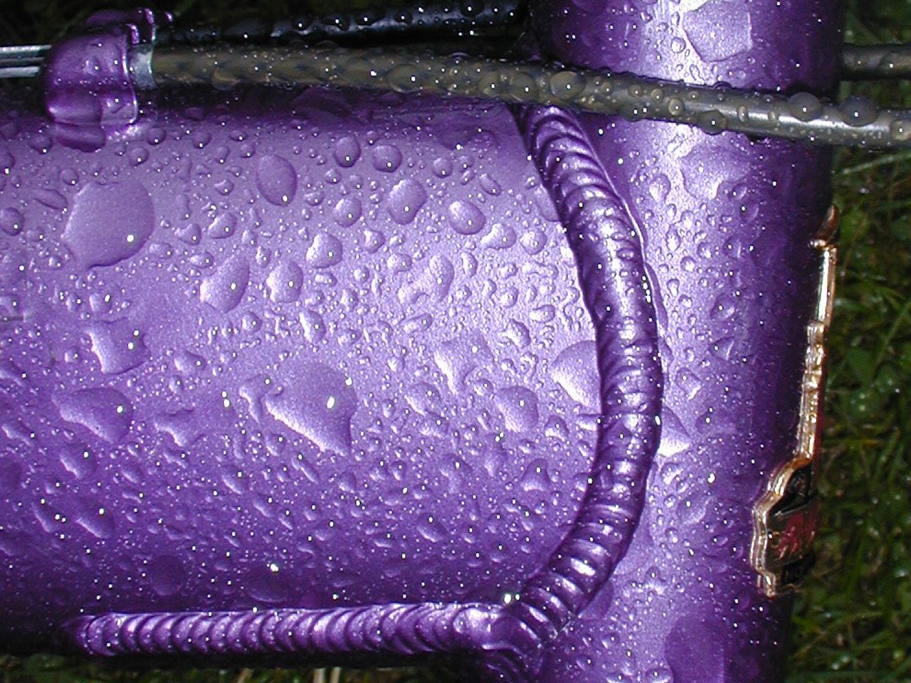 Close-up of Raindrops on a mauve cycle with welding detail