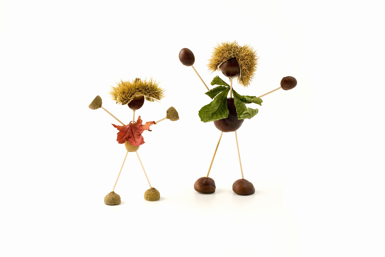 Dancing conker and acorn boys on white background