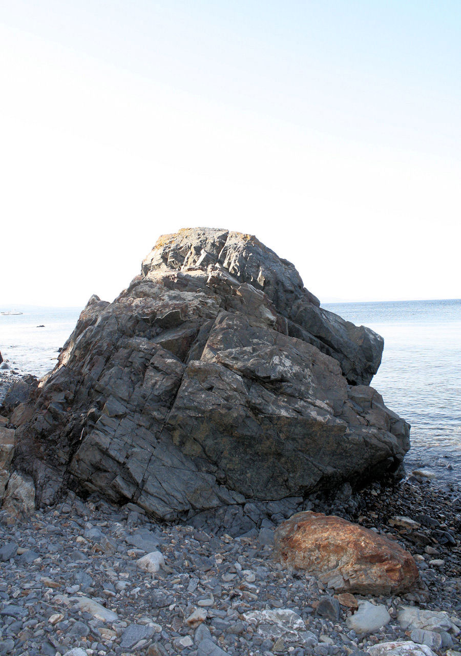 Picture taken in Maine of a boulder with the ocean in the background