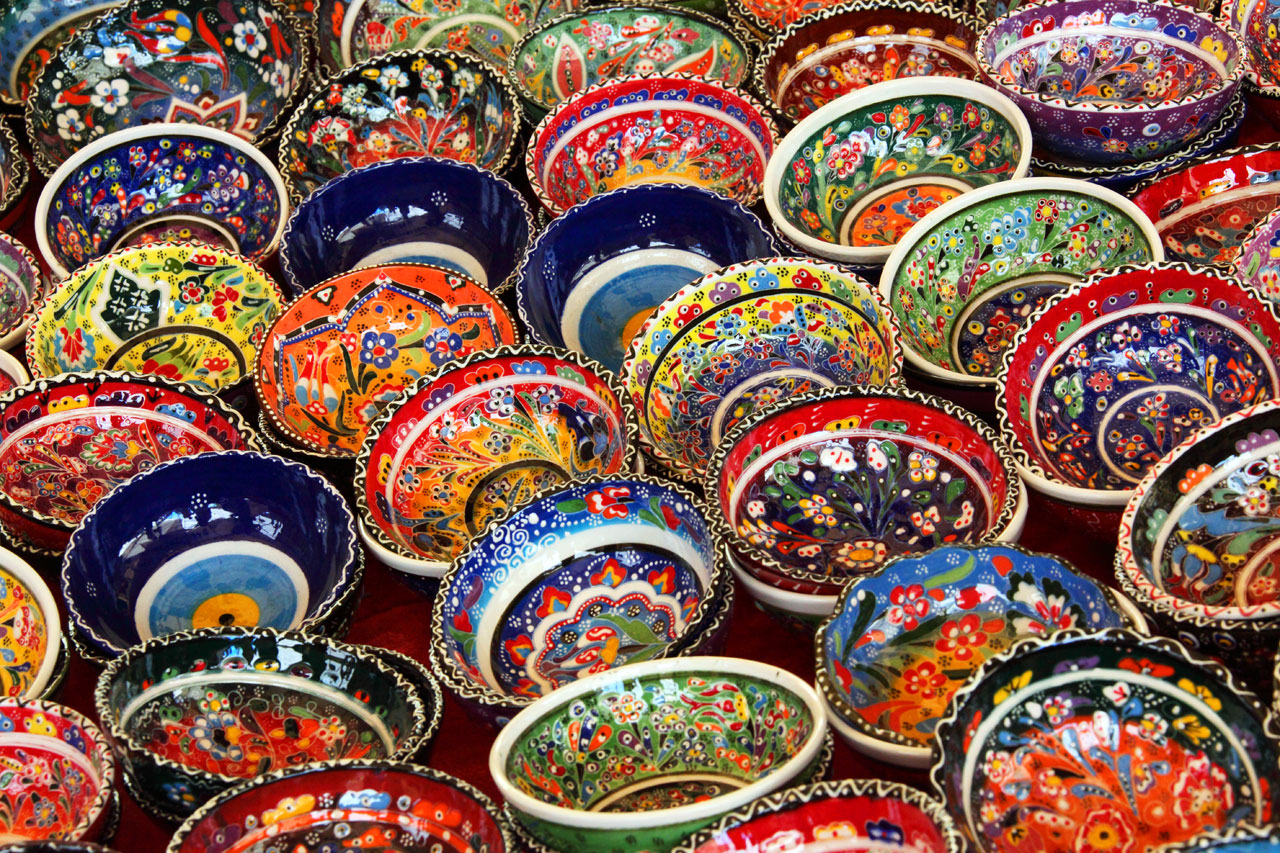colorful turkish tea bowls for sale on local market