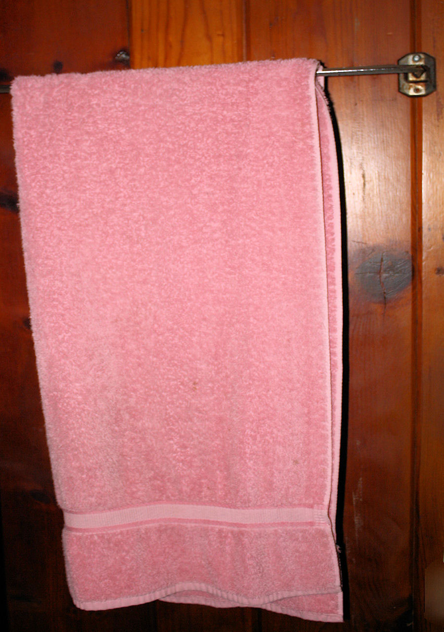Picture taken of a pink towel hanging on a towel rack on a wall