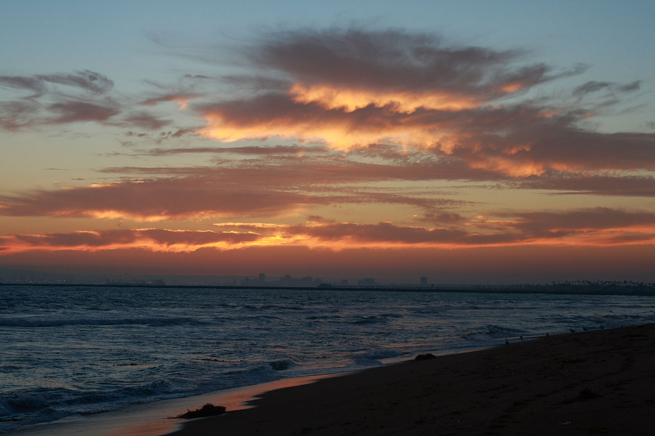 Sunset along Sunset Beach, California, looking north toward Long Beach