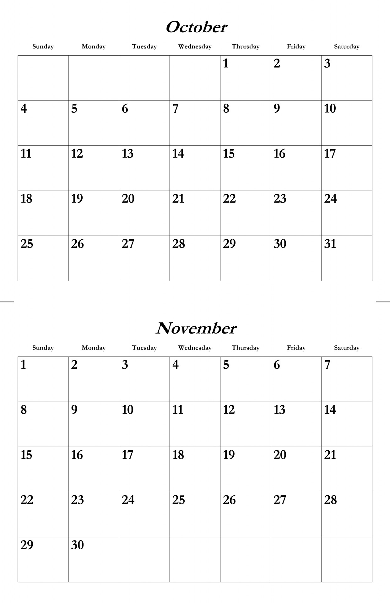 Oct Nov 2015 Calendar Template