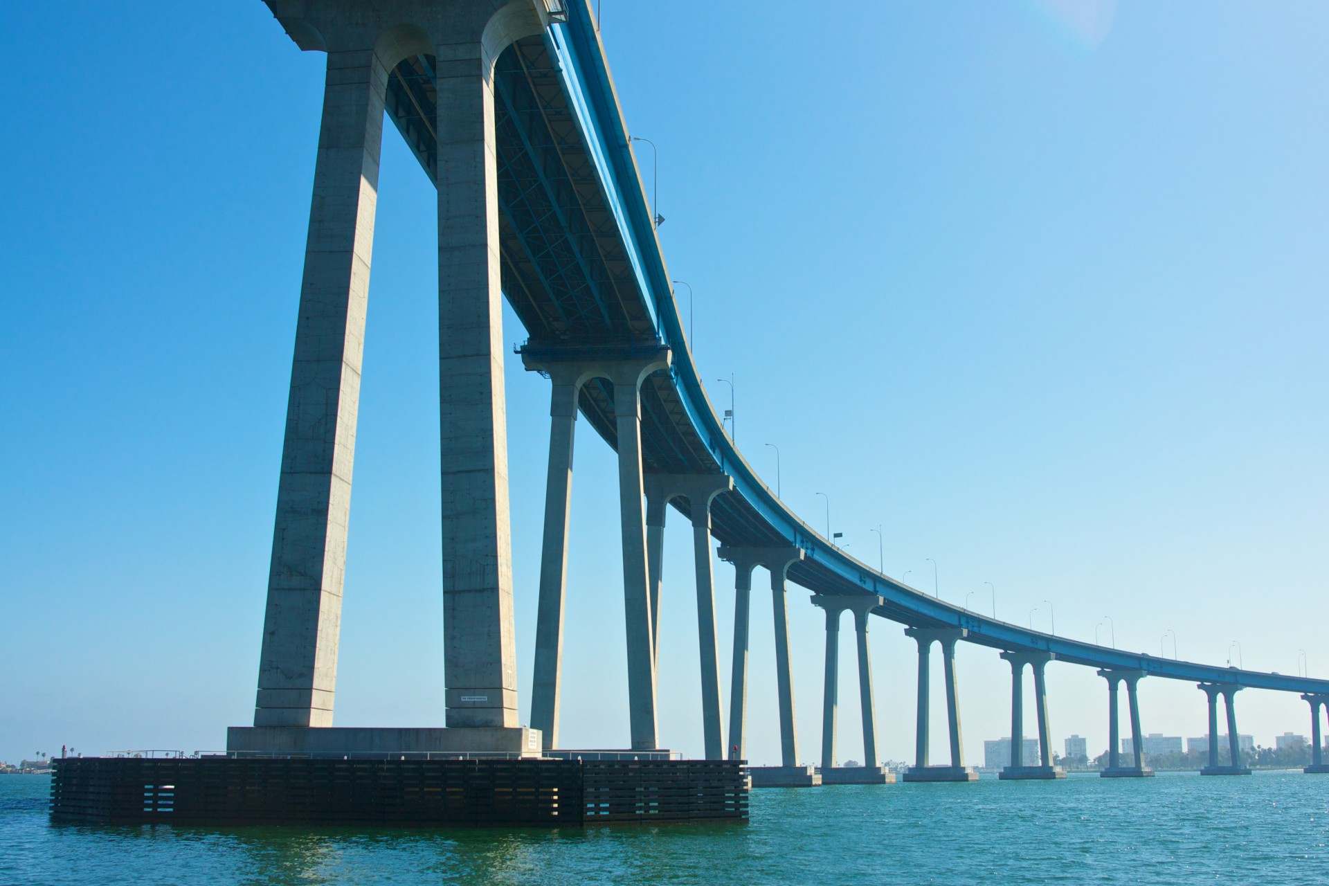 Long bridge leads from San Diego California to the island of Coronado on the Pacific.
