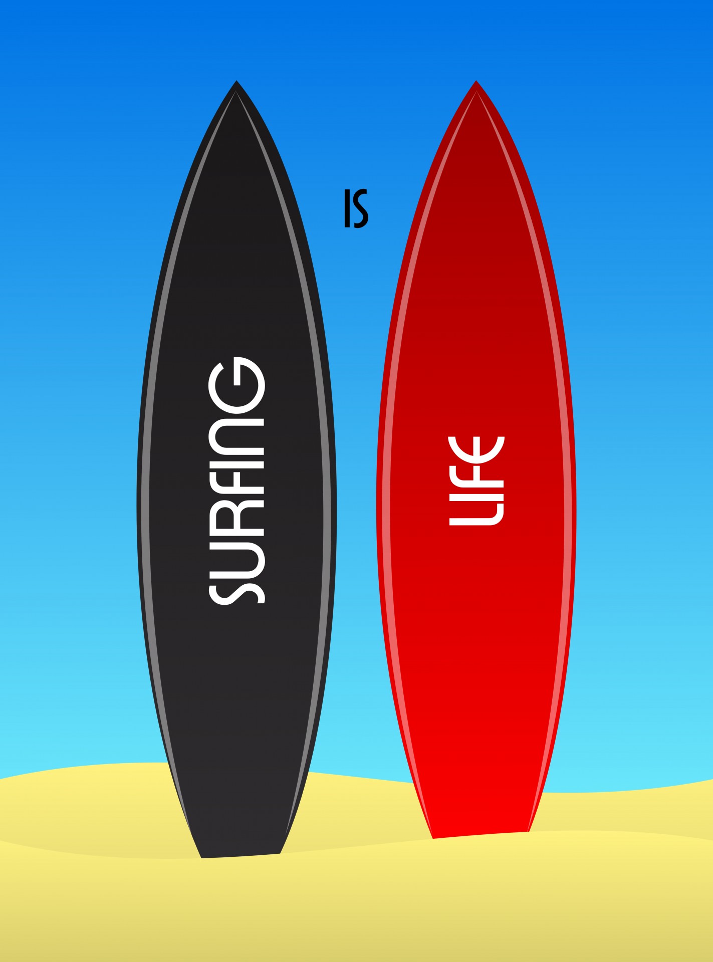 2 surfboards stuck in sand, with words.
