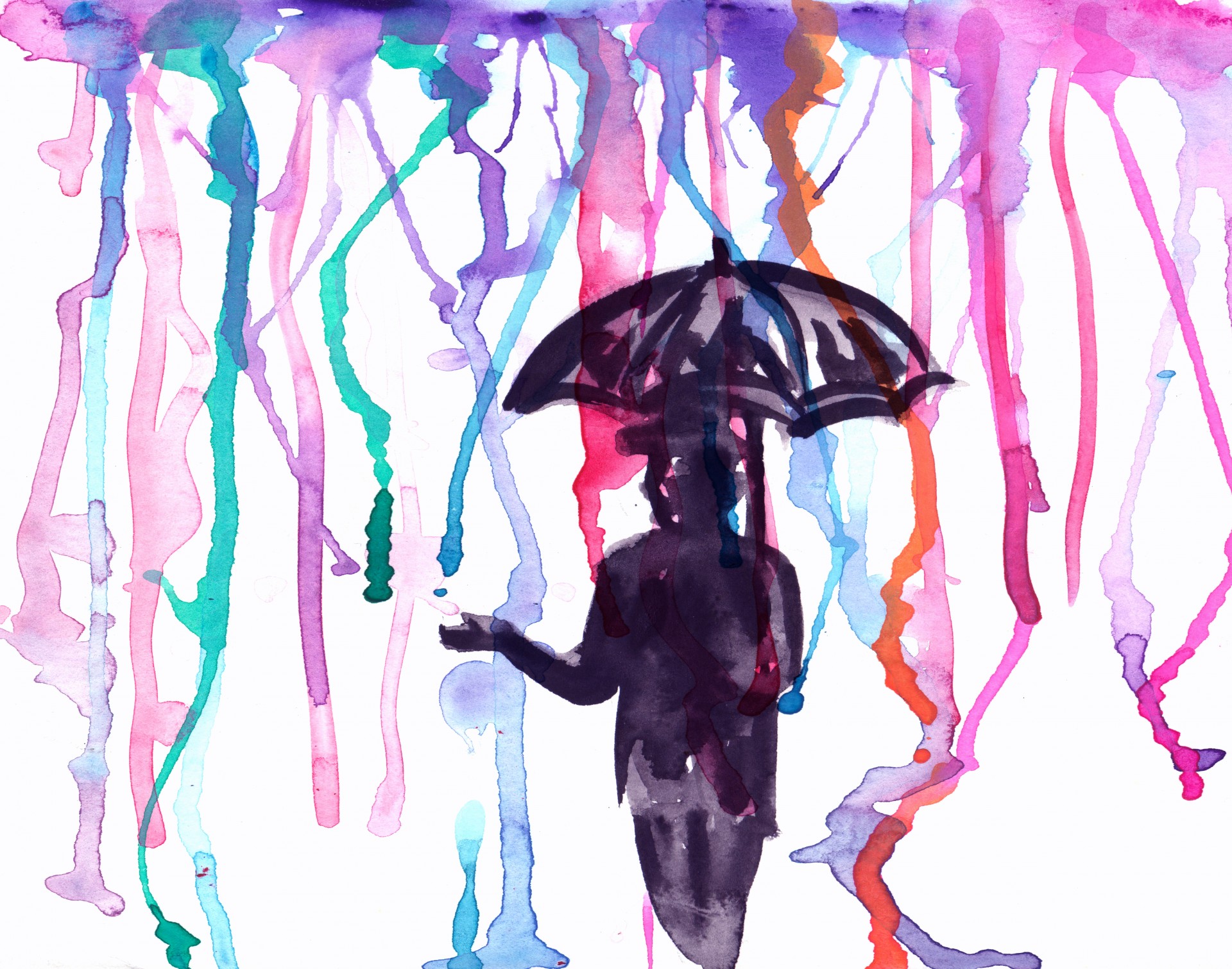 Watercolor painting of a man standing in a rainfall of colorful watercolor paints.