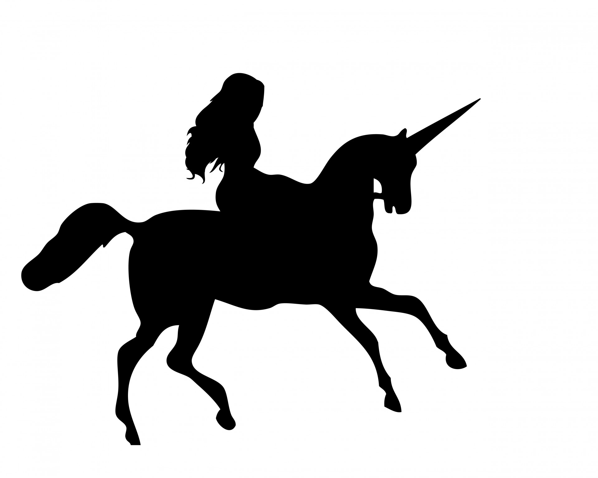 Black silhouette of a beautiful young woman riding a unicorn