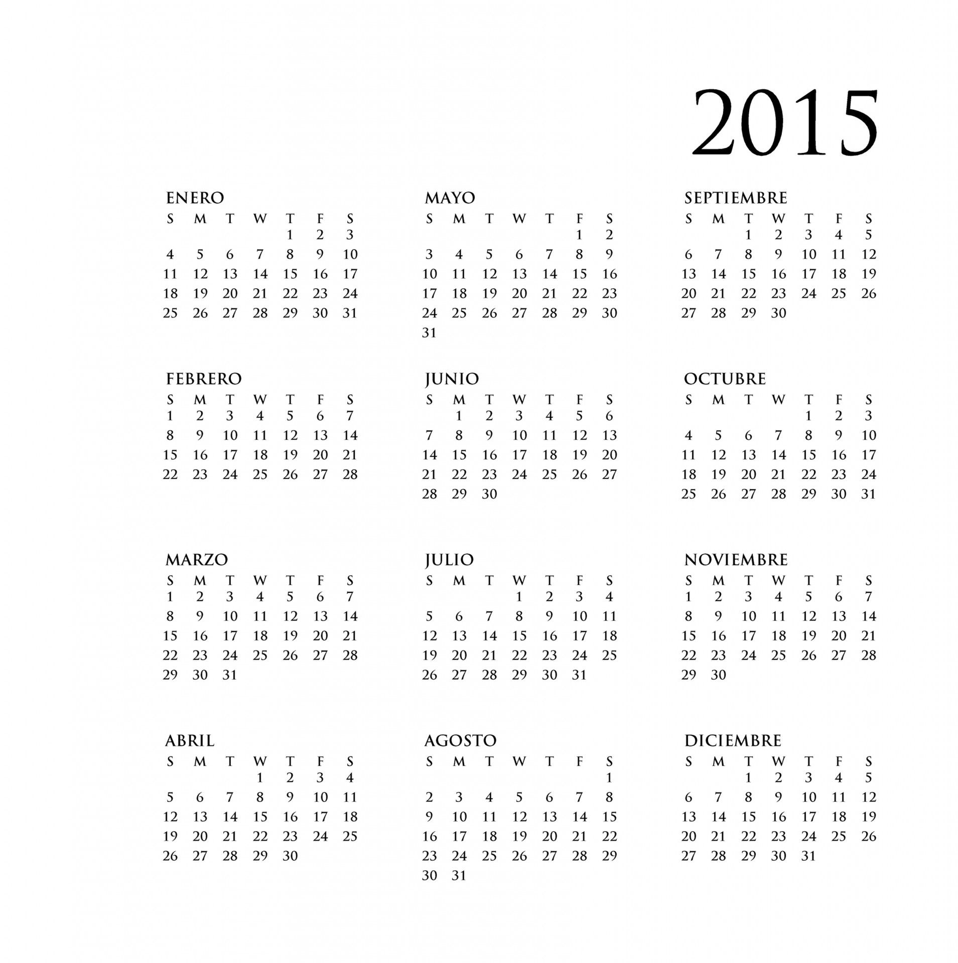 Simple 2015 annual calendar in Spanish with black ink