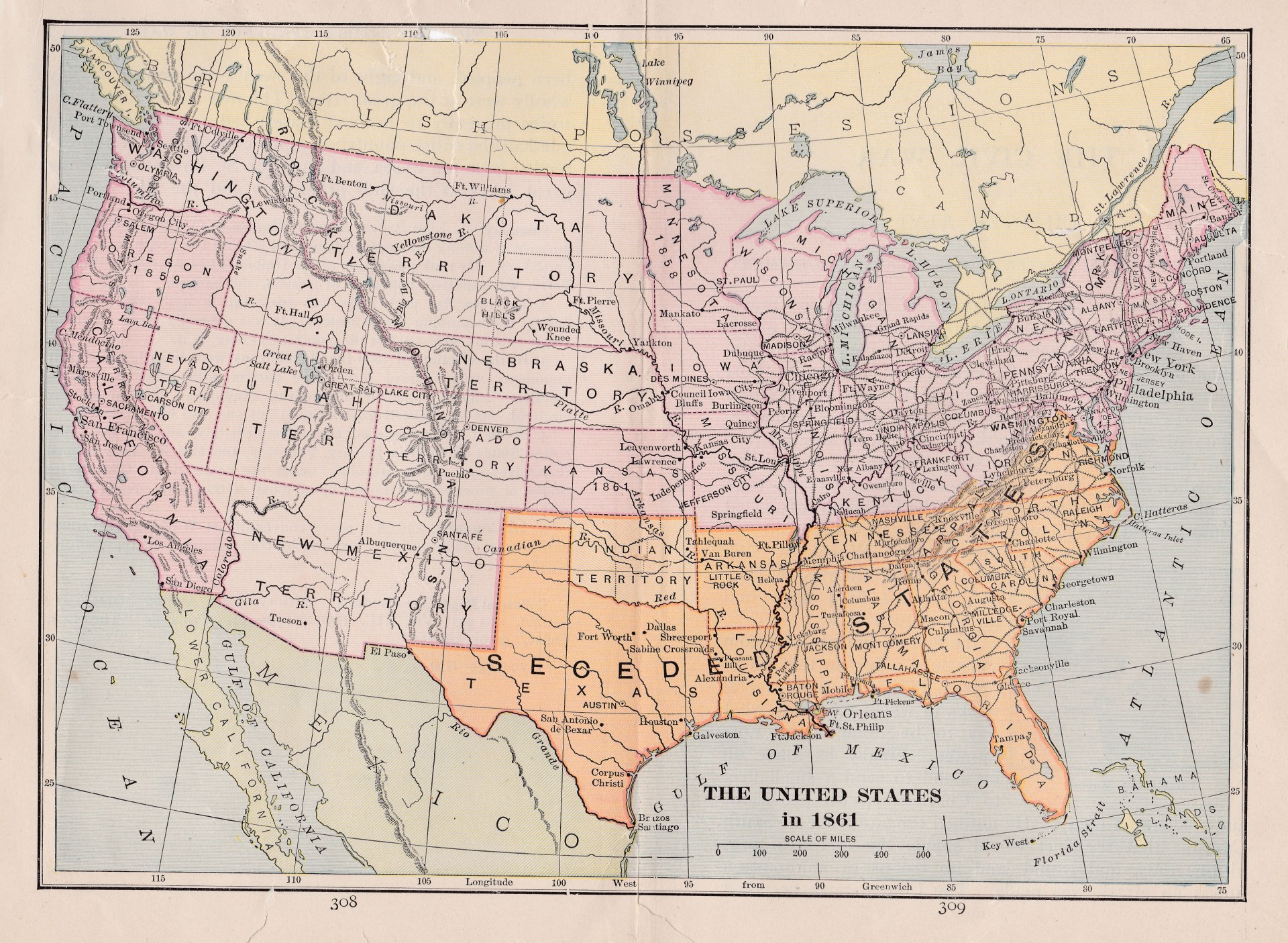 Vintage map showing information about the American Civil War