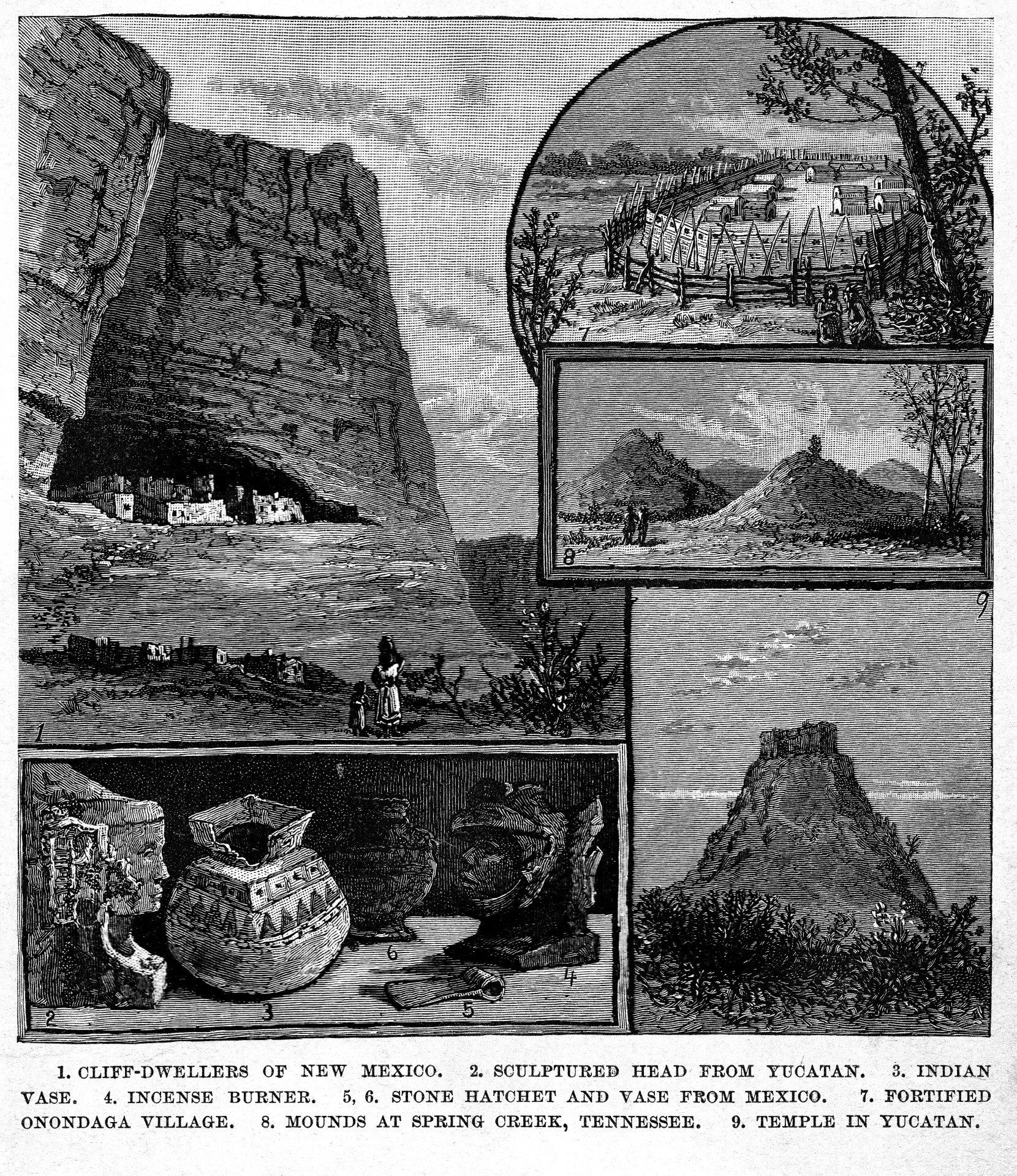 A vintage illustration showing Native American artifacts, dwellings, and territories.