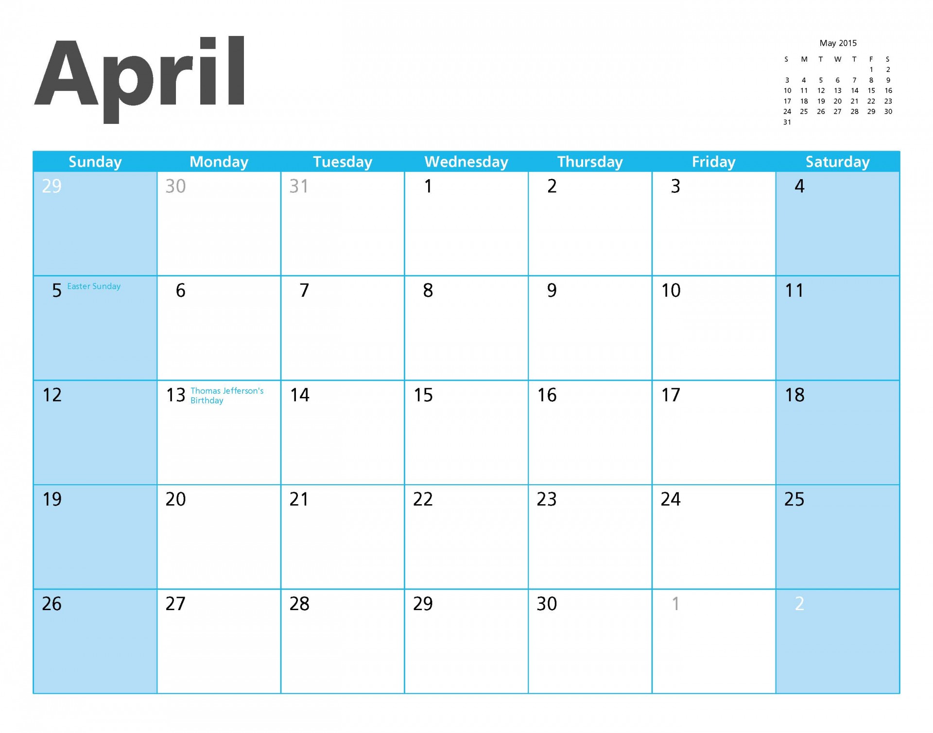 April 2015 Calendar Page