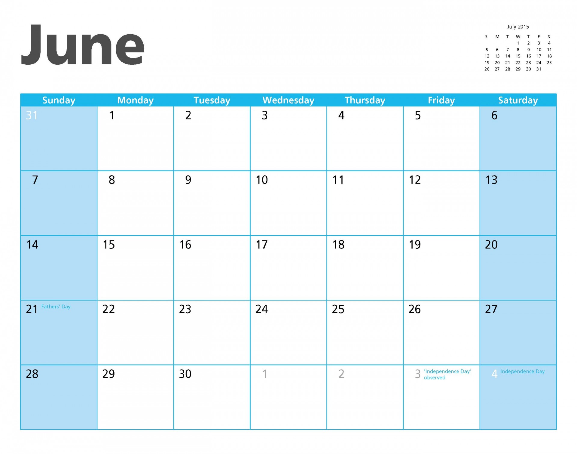 June 2015 Calendar Page