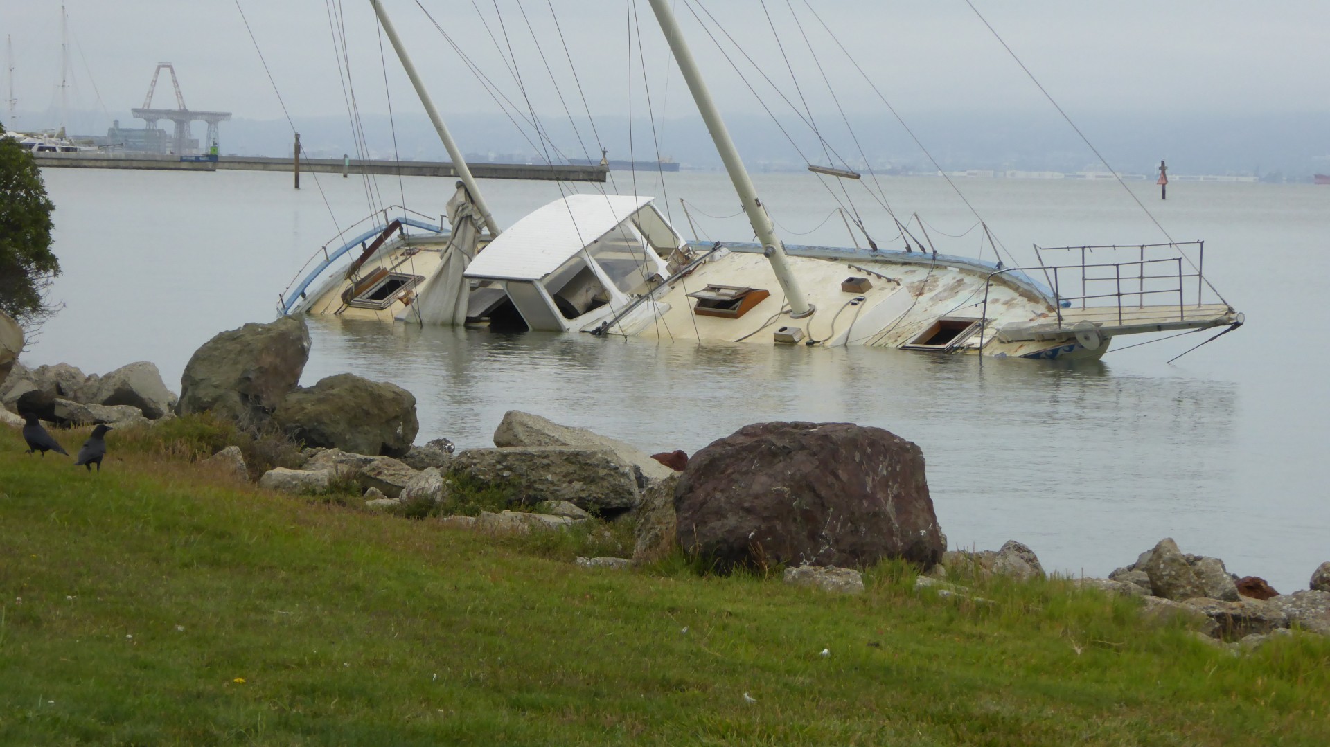 sail boat half sunk rests in the harbor