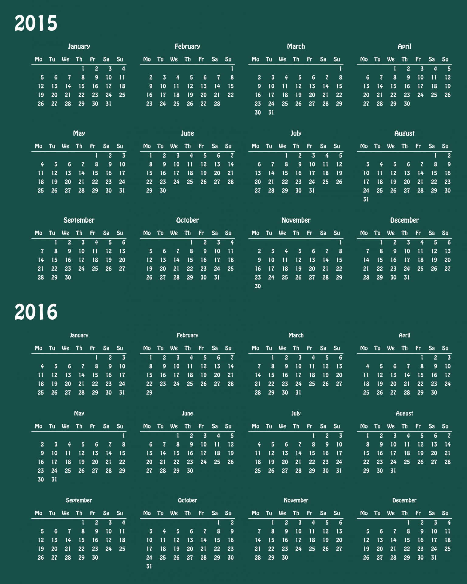 2015-2016 printable two-years calendar template with dark background
