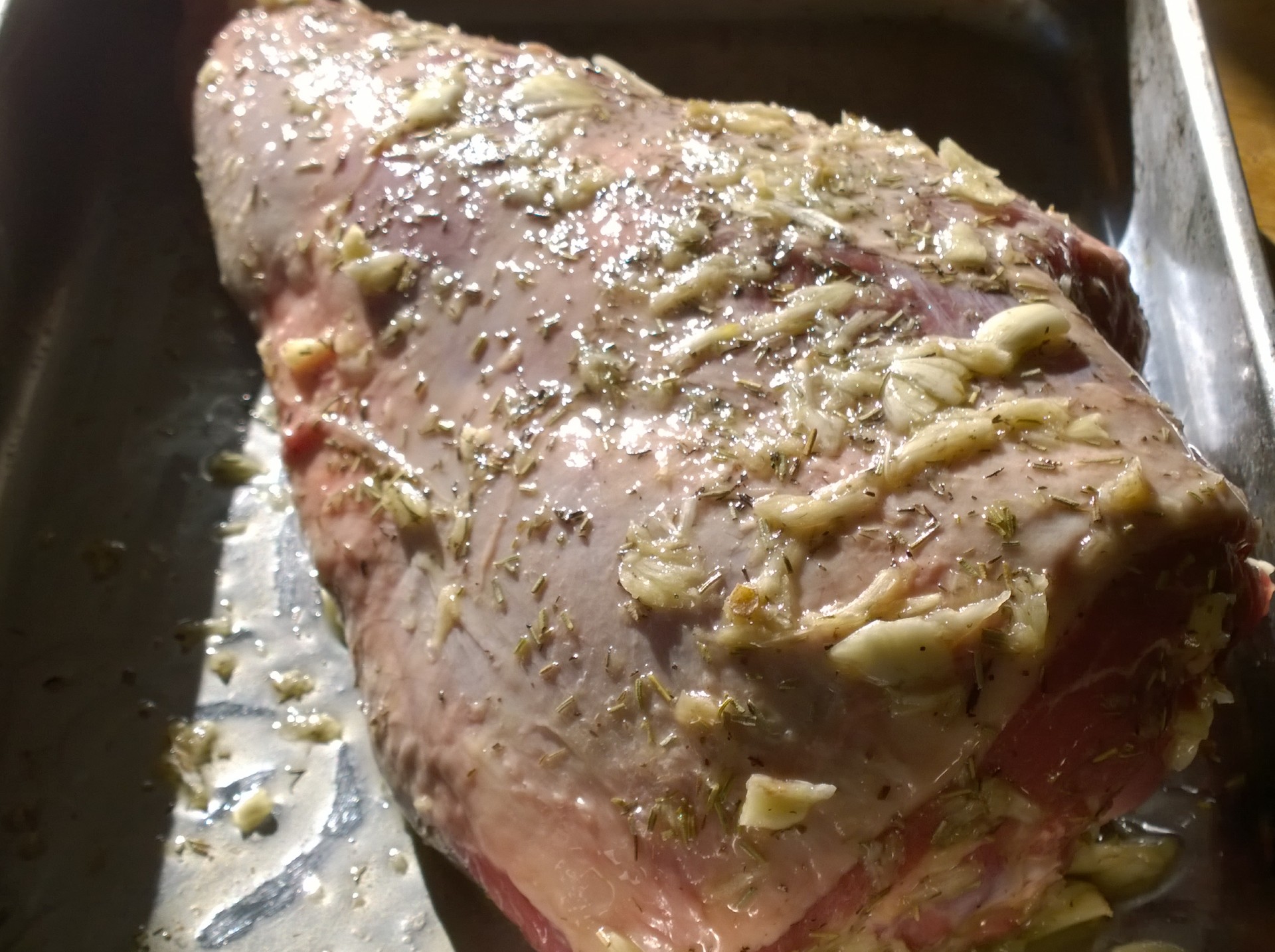 Basted leg of lamb with a garlic and herb rub ready for slow roasting