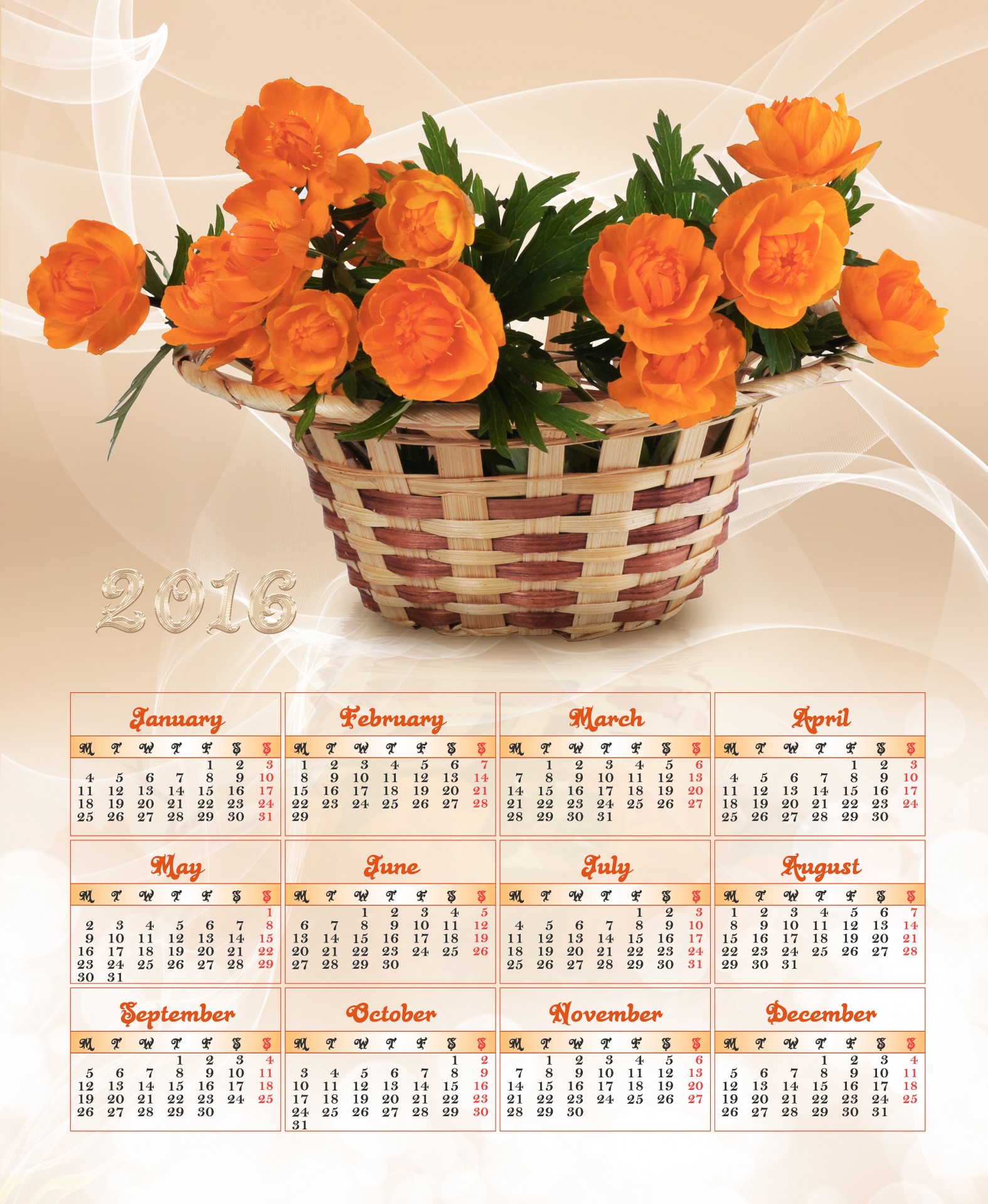 calendar with flowers in a basket for 2016
