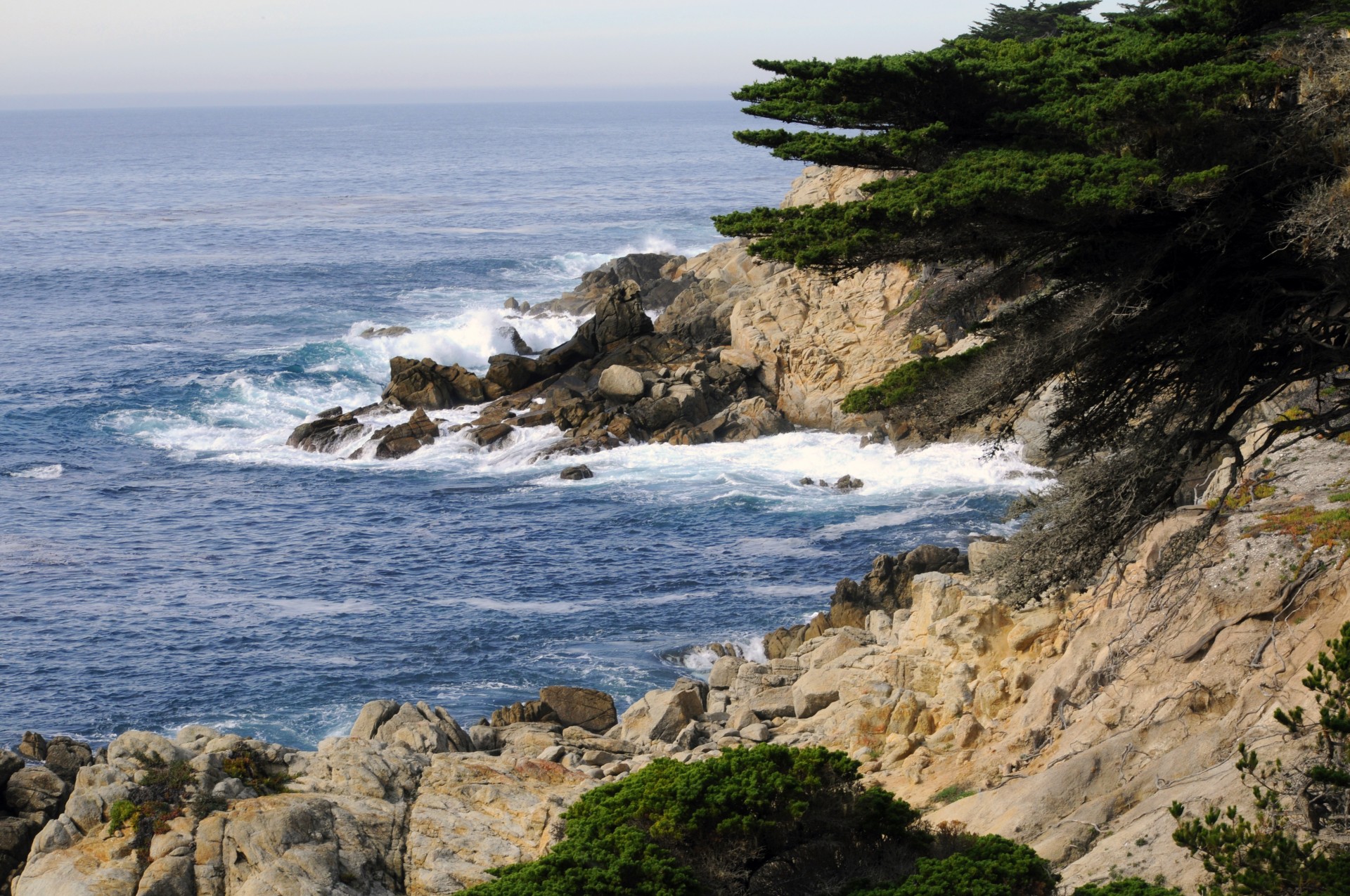 waves crash against rocky coast of the 17 mile drive on the Monterey Peninsula, California