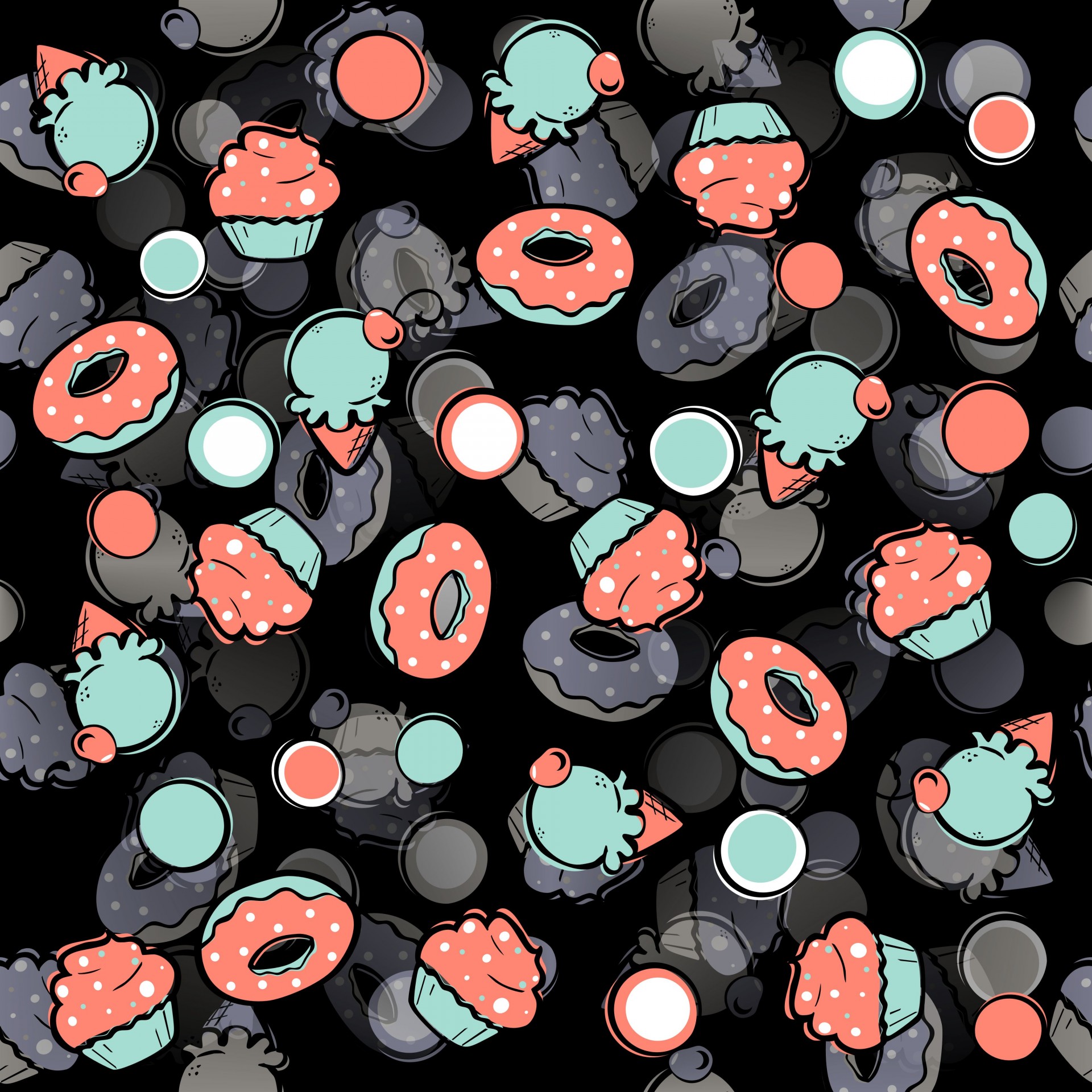 Cupcakes, donuts, and ice cream cones in a seamless repeating image for backgrounds and other large spaces