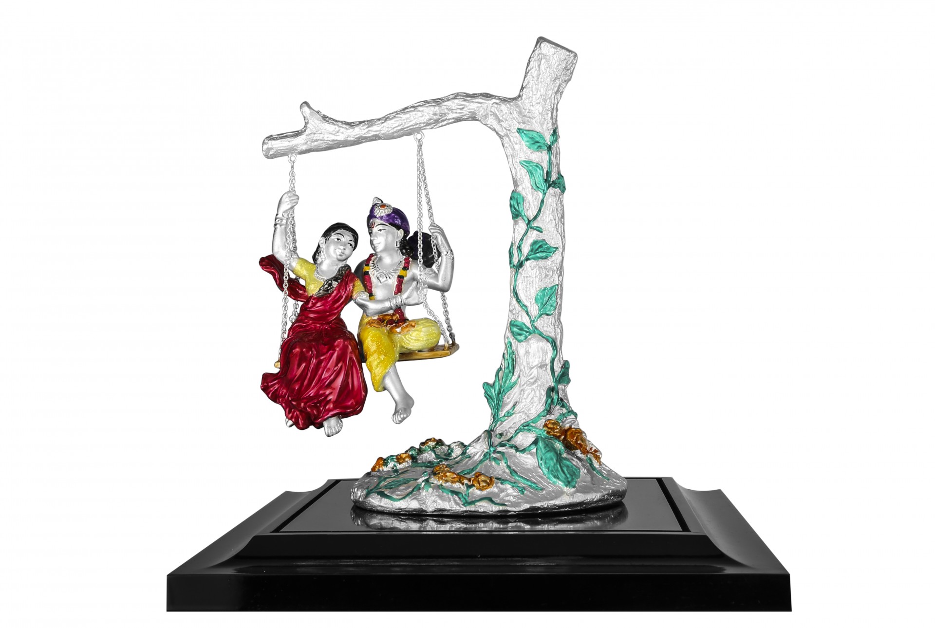 Pure sterling silver idol of Lord Krishna with Radha on a swing.