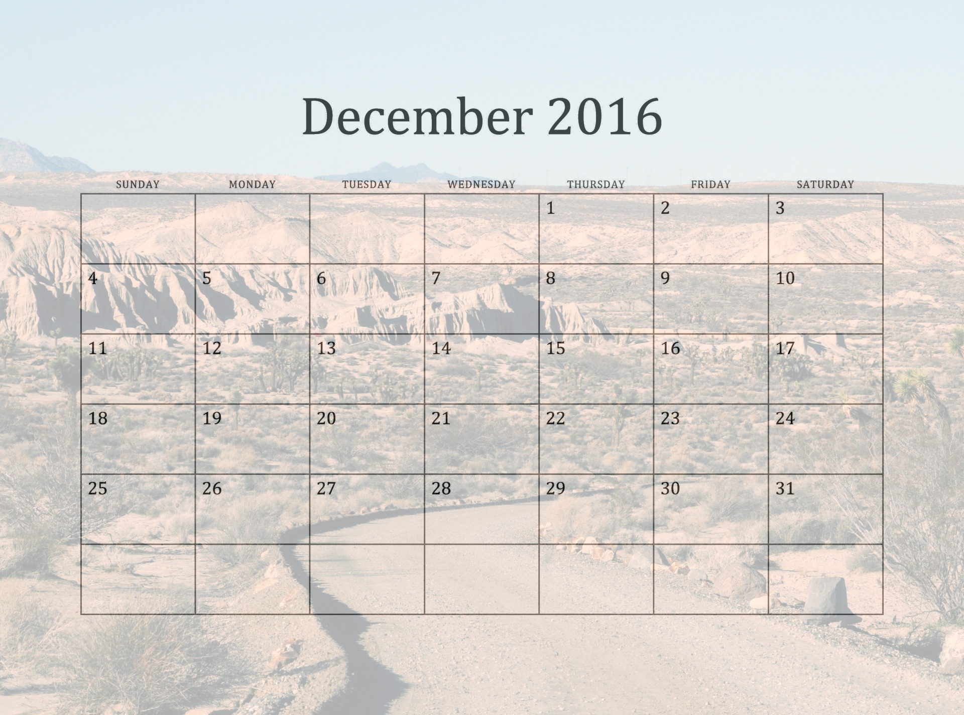 2016 December Monthly Calendar