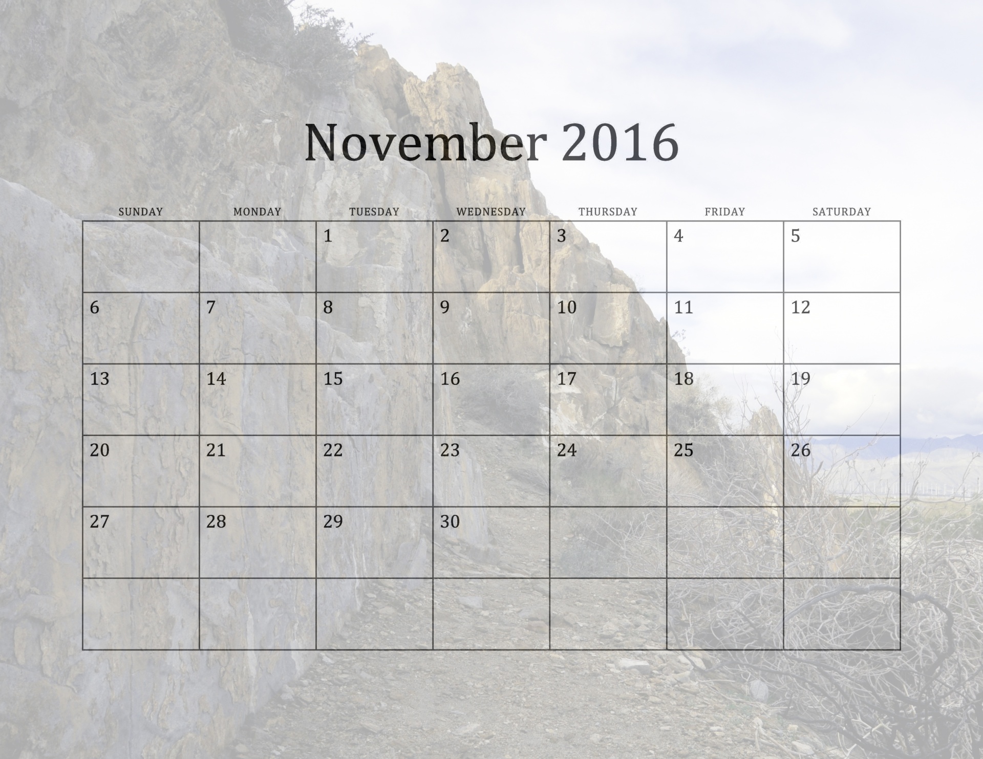2016 November Monthly Calendar