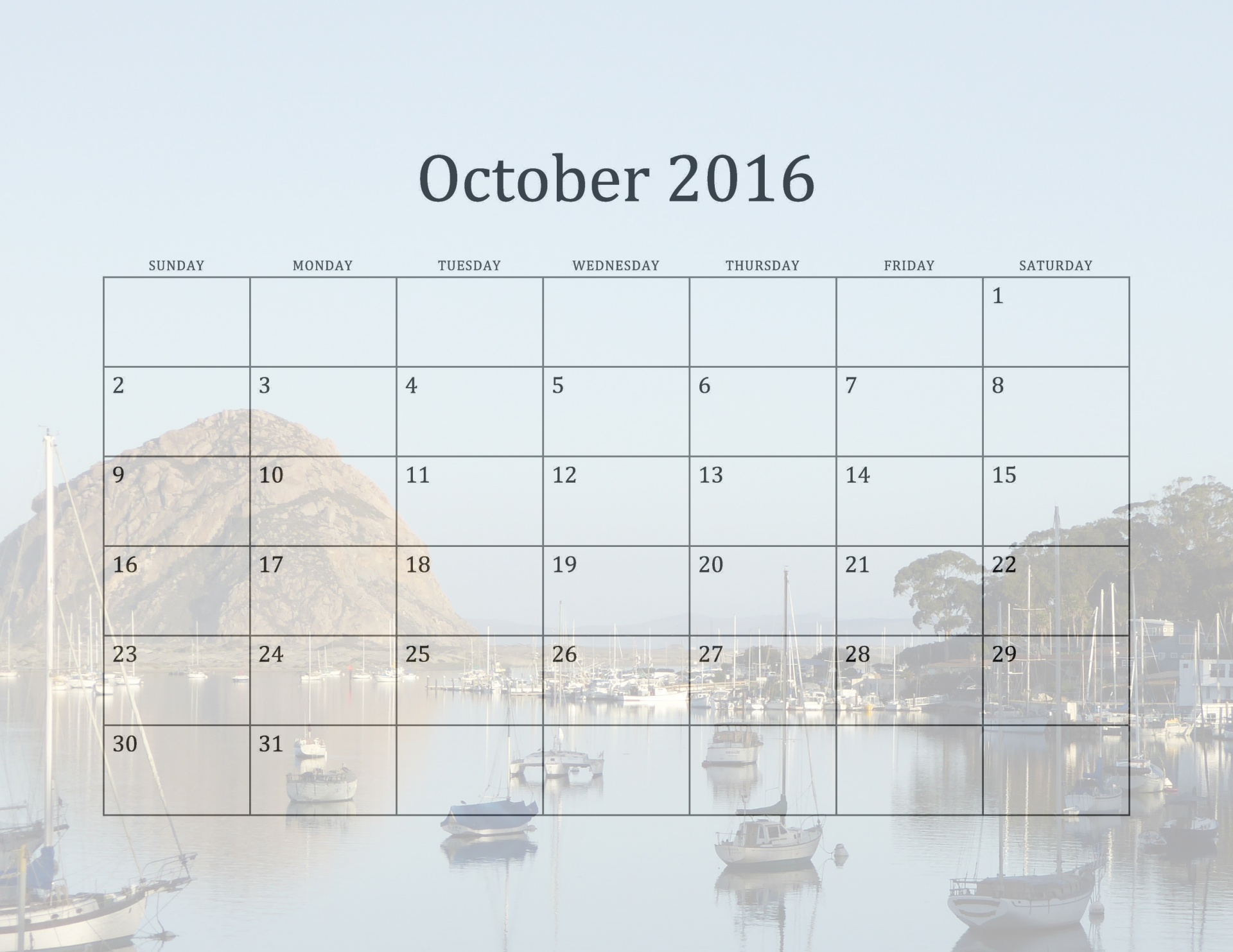 Calendar for October 2016 with California Beaches in the background. October shows boats in the Morro Bay Harbor with the magnificent Morro Rock in the background