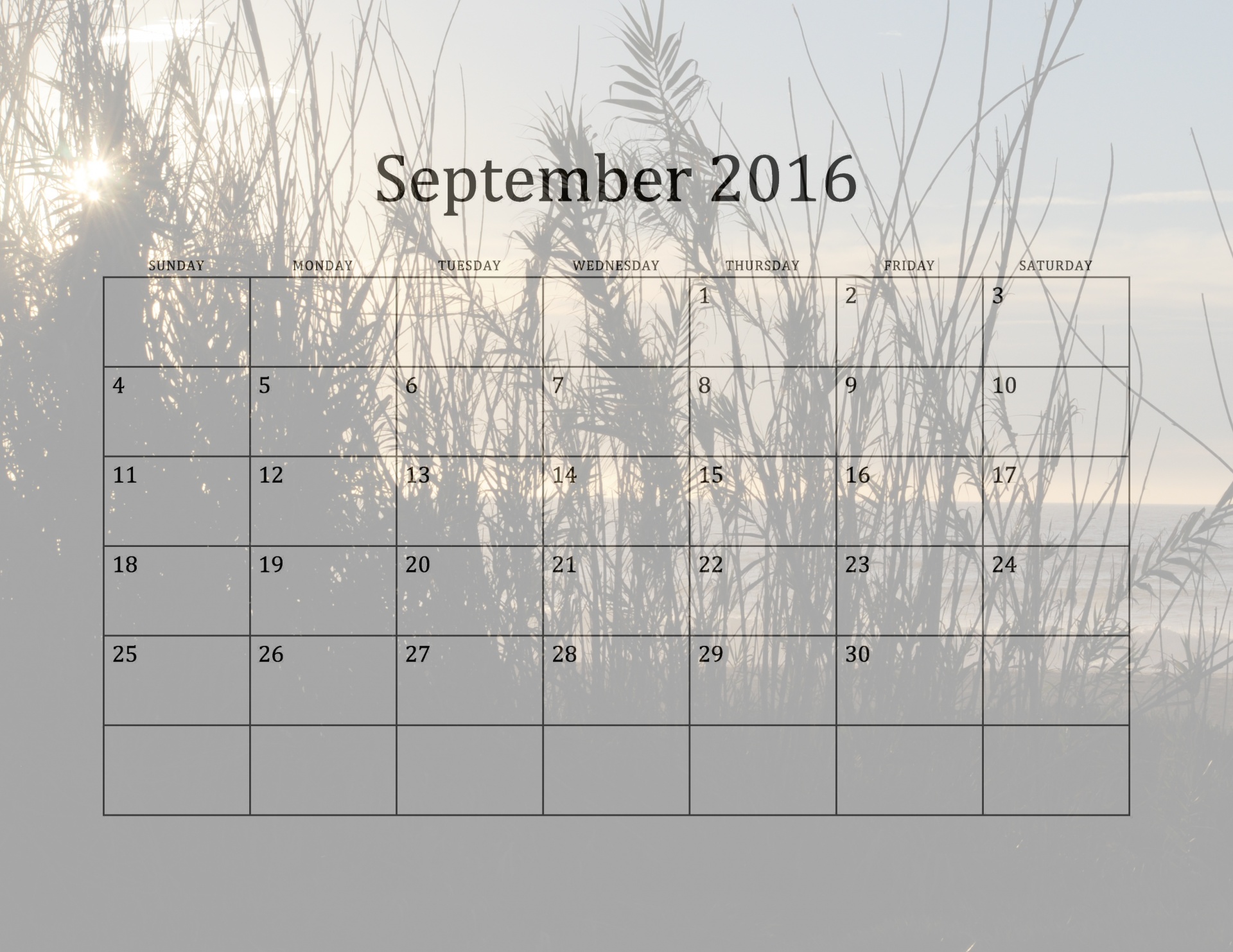 2016 September Beach Calendar