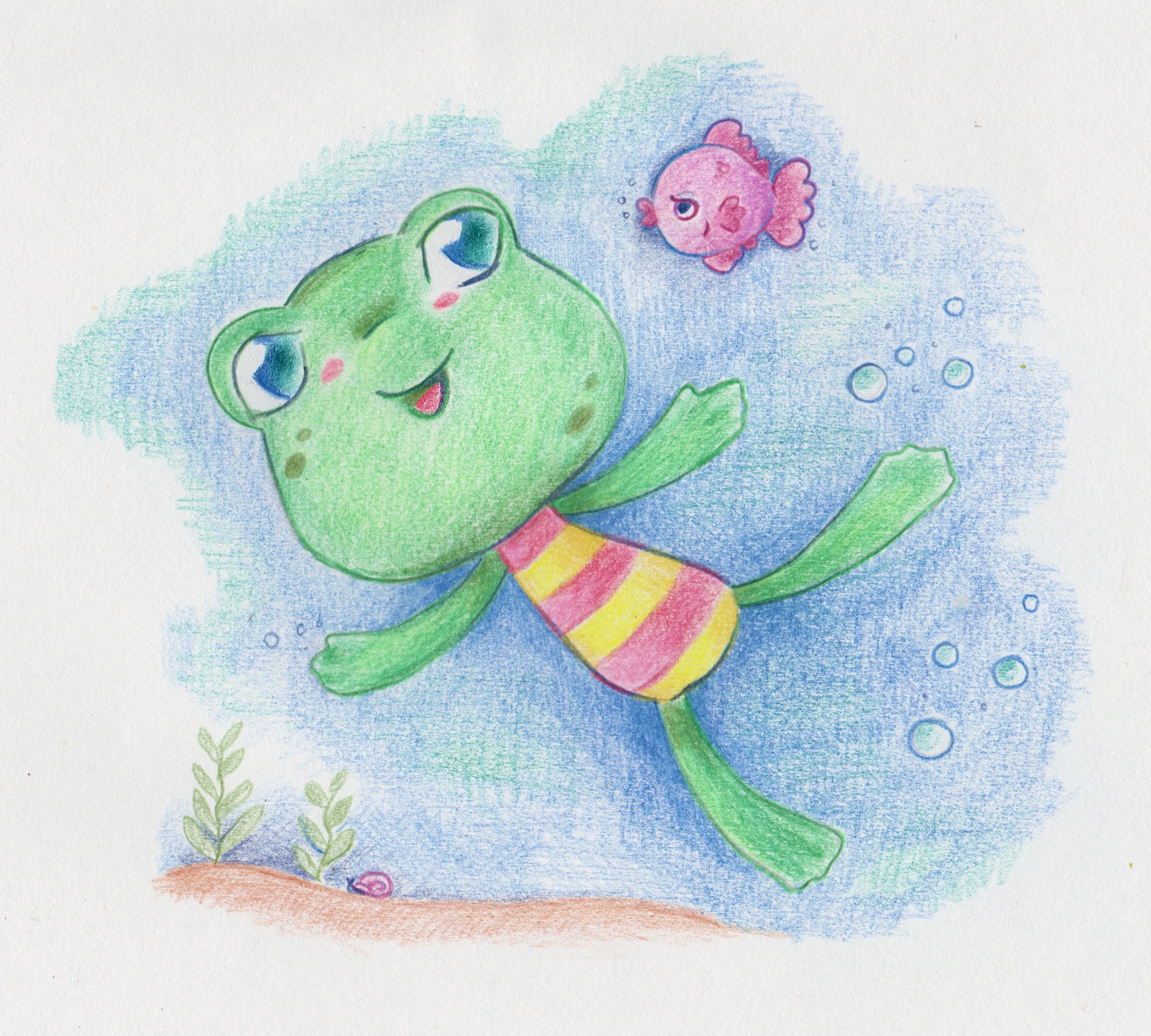 Colored pencil drawing of a cartoon-style frog going for a swim