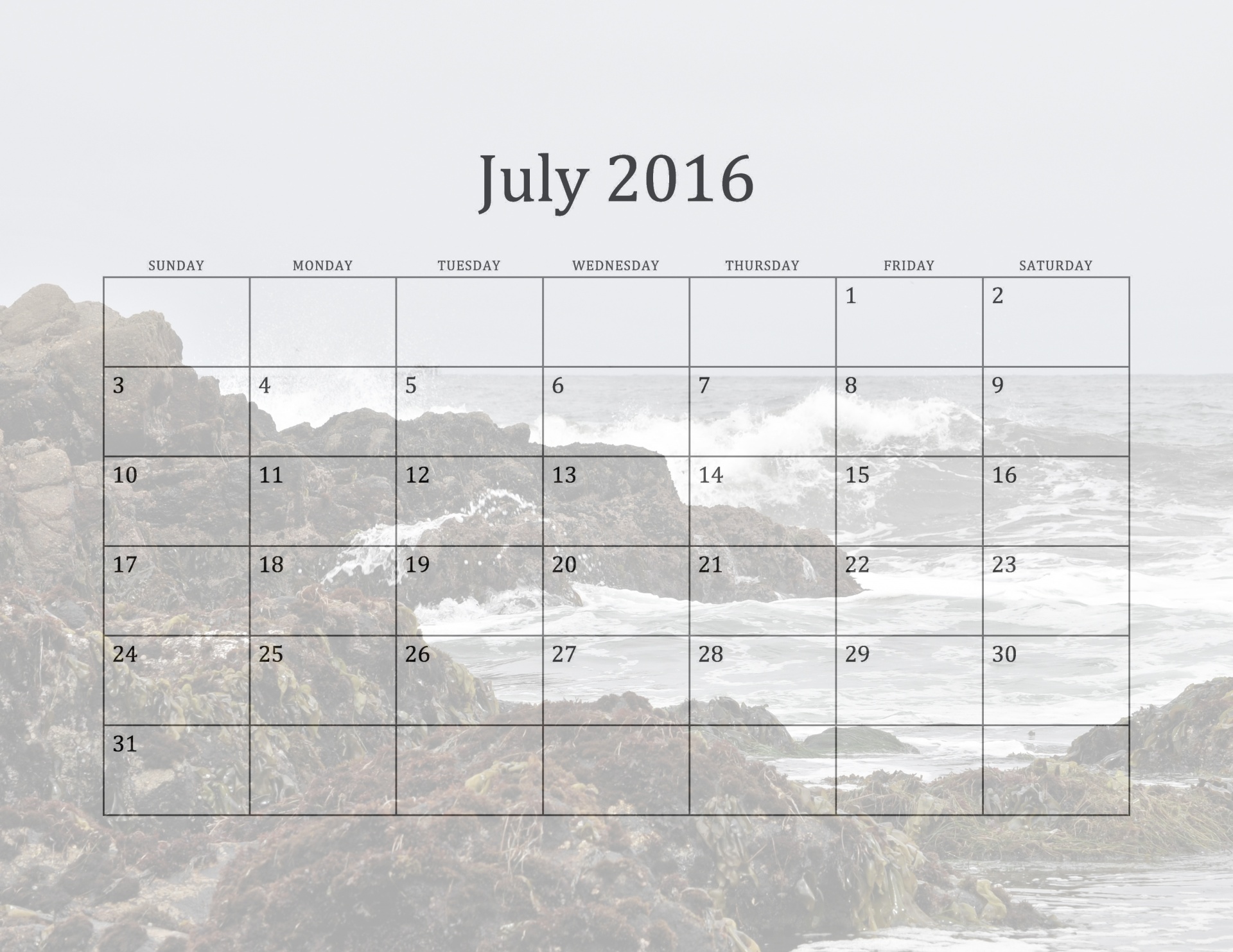 July 2016 Beach Calendar