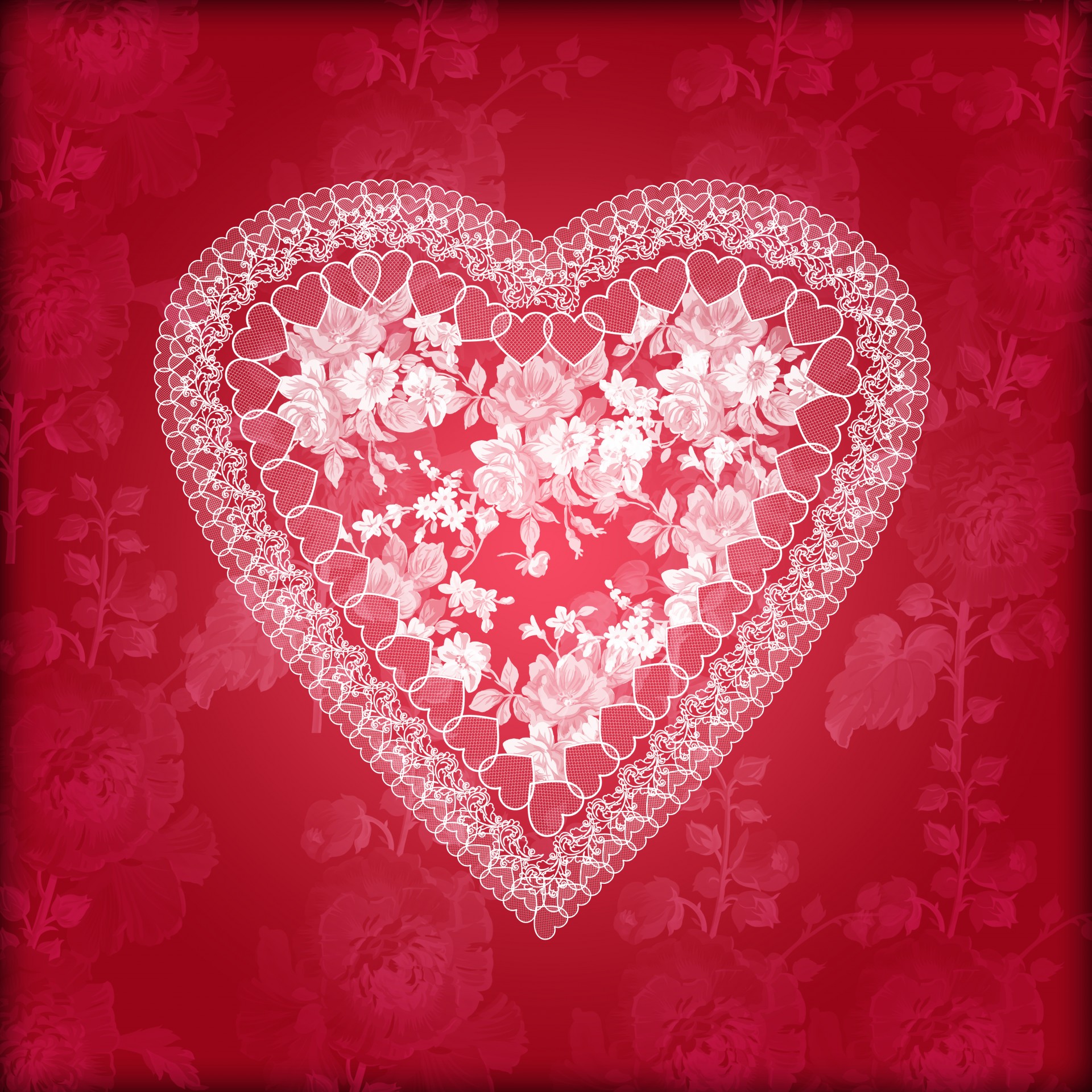 Lace And Floral Heart On Red