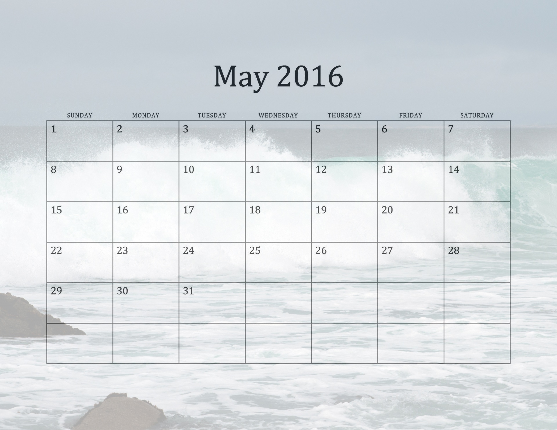 Calendar for May 2016 with California Beaches in the background. May shows a crashing wave from Laguna Beach, California