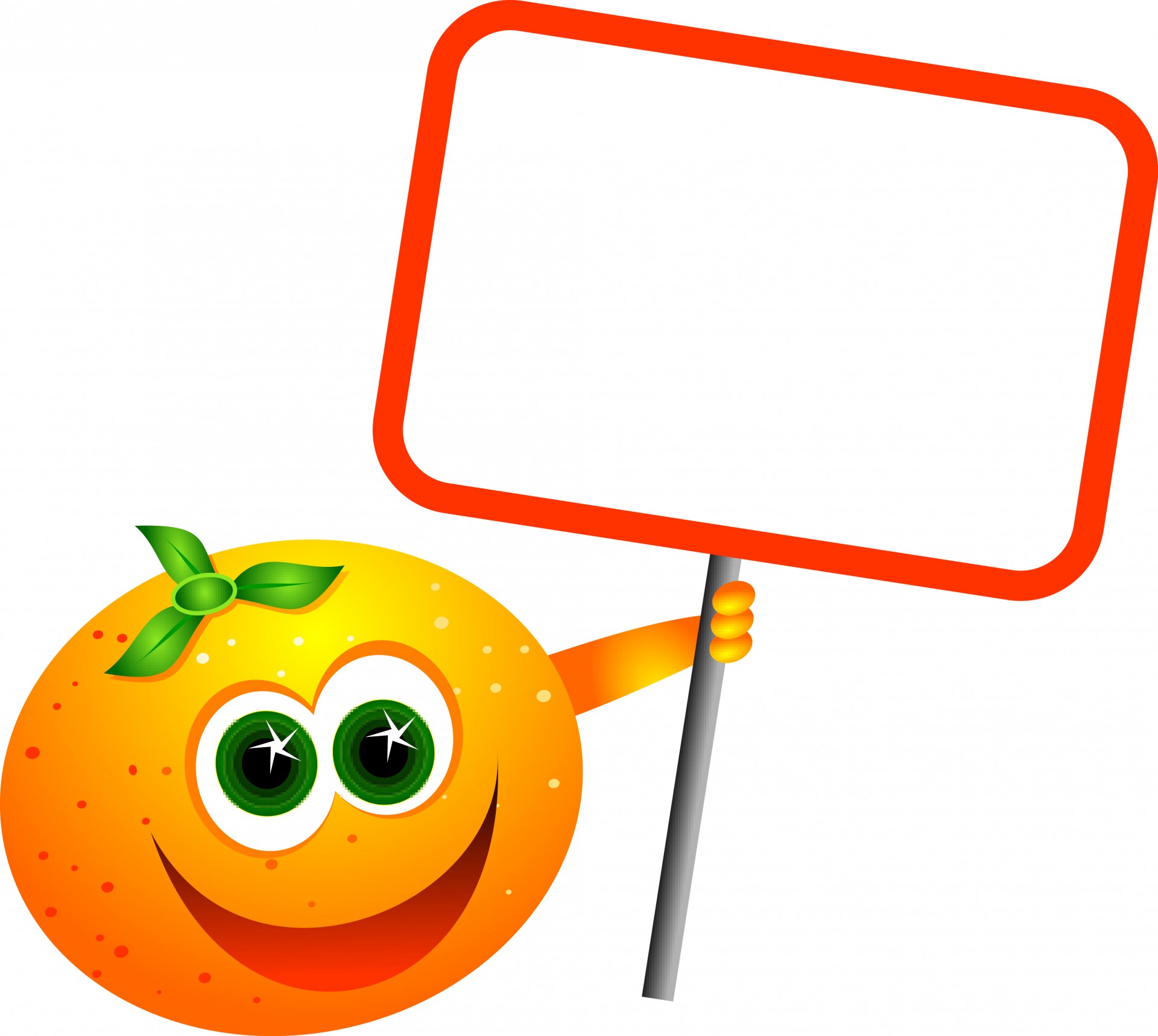 A cartoon orange fruit holding a blank sign.