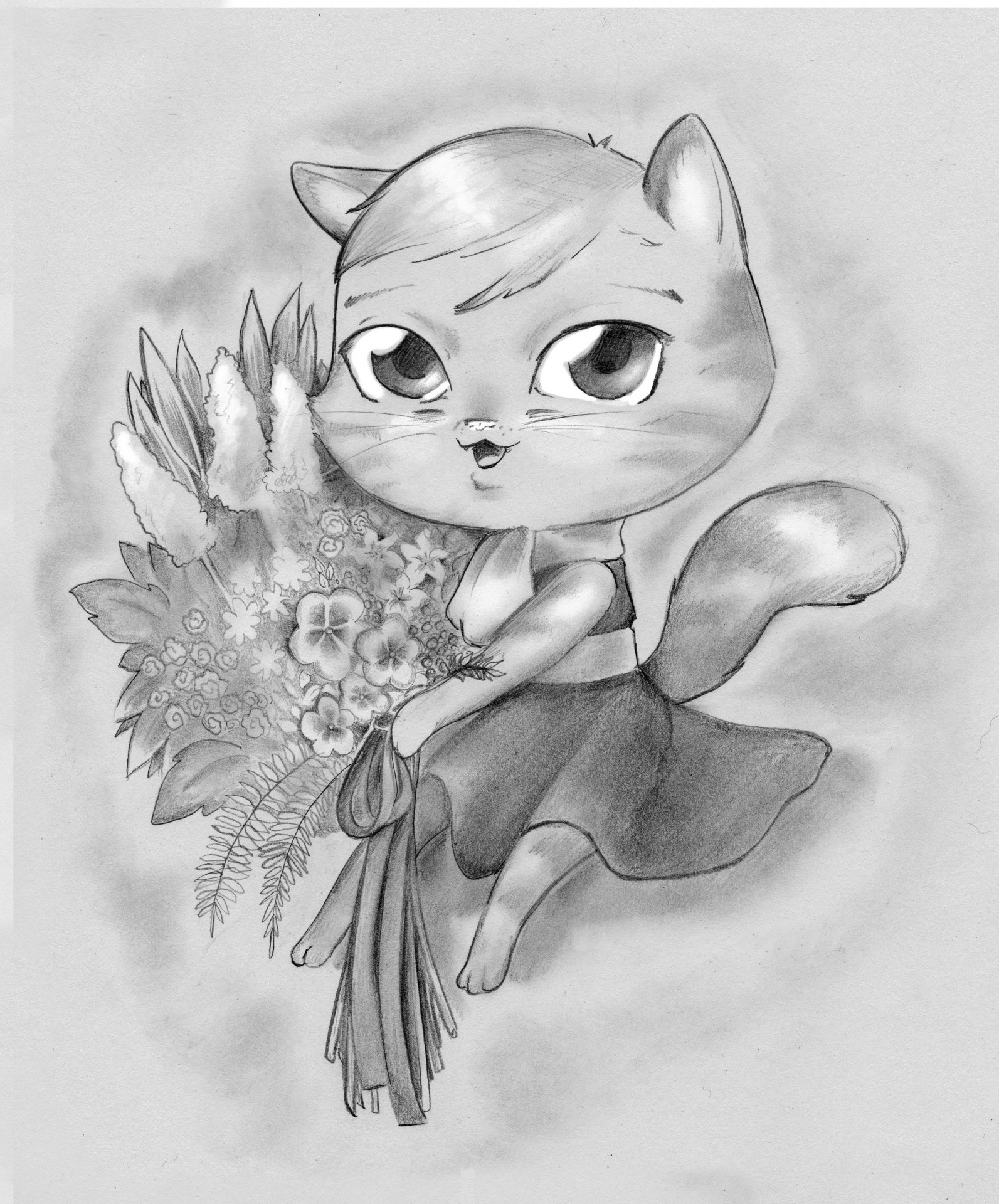Pencil drawing of a cute cartoon-style cat with a bouquet of flowers