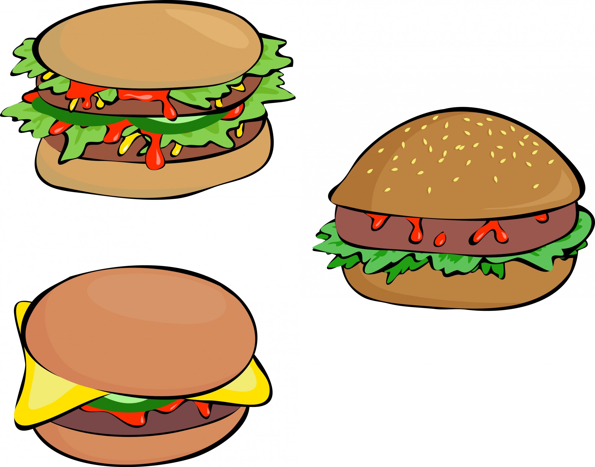 Cartoon illustration of three different burgers.