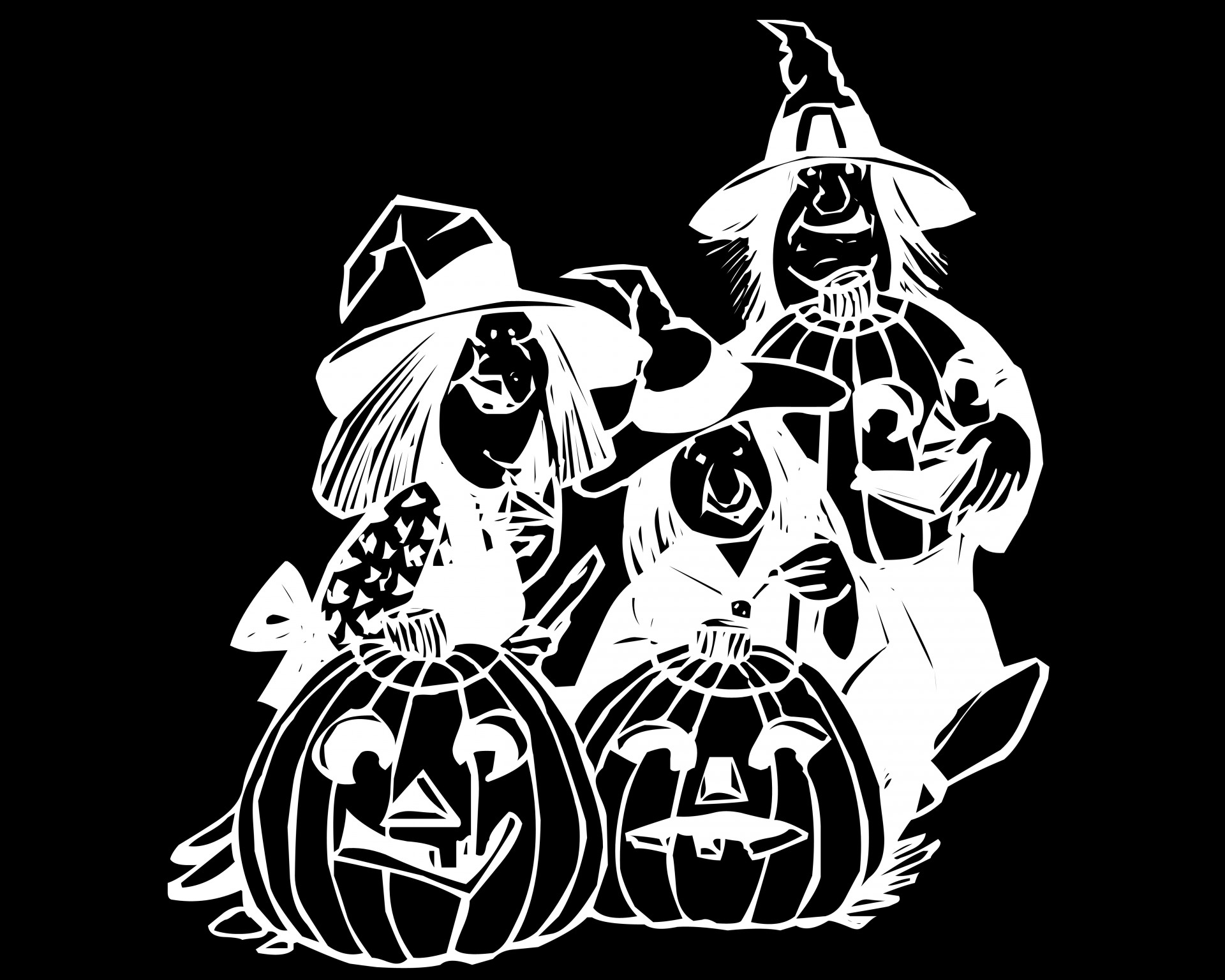 drawing of white pumpkins and withes on black background