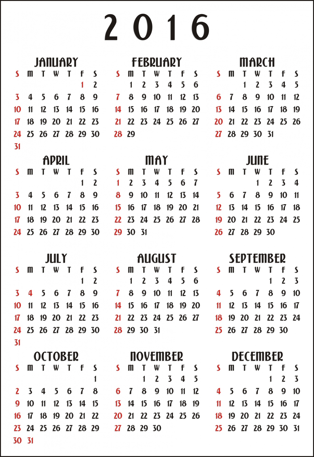 12 Month Calendar 2016 Vertical