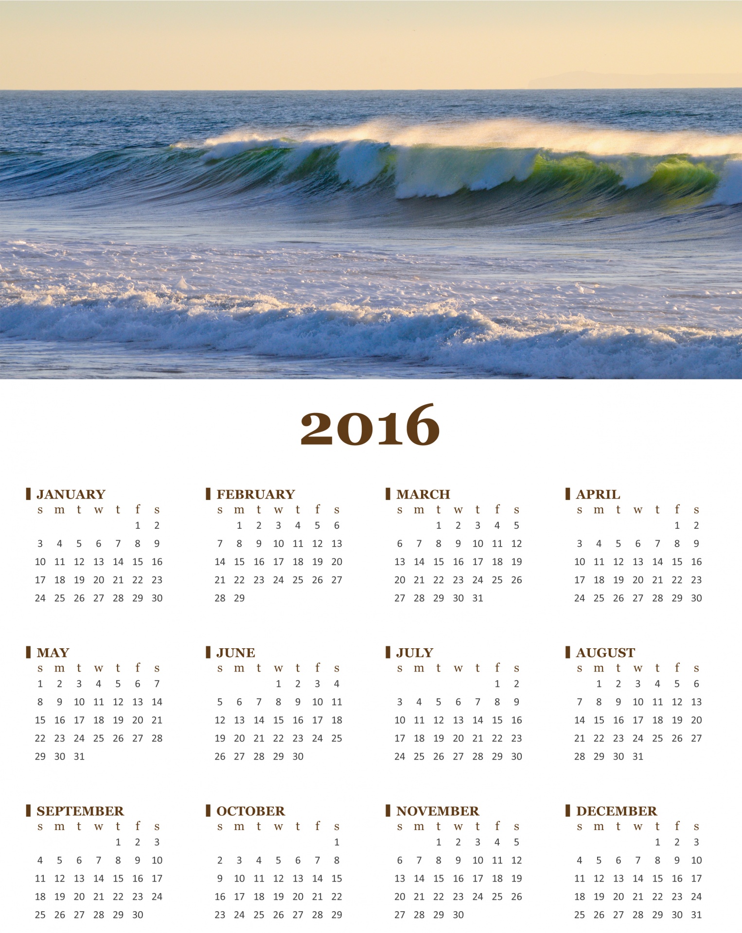 Annual 2016 Calendar Of Ocean Wave