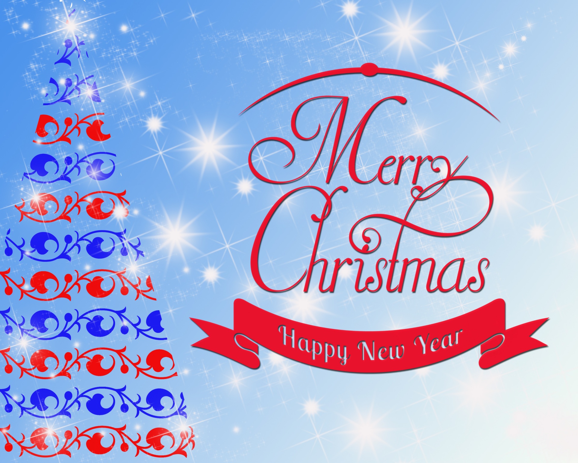 Red and Blue Christmas tree with Merry Christmas and Happy New Year greeting