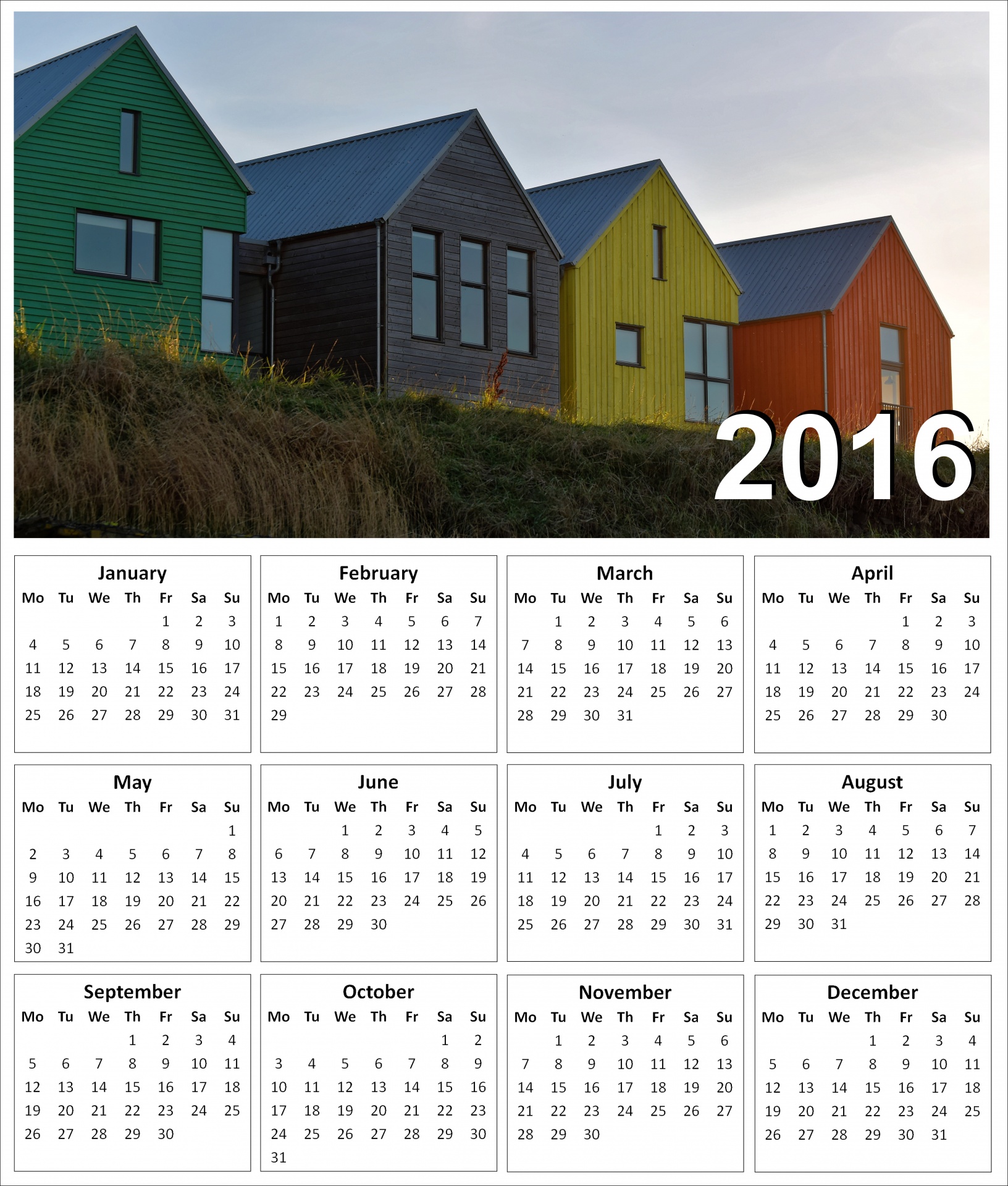 2016 Wall Calendar with a Coloured houses Image